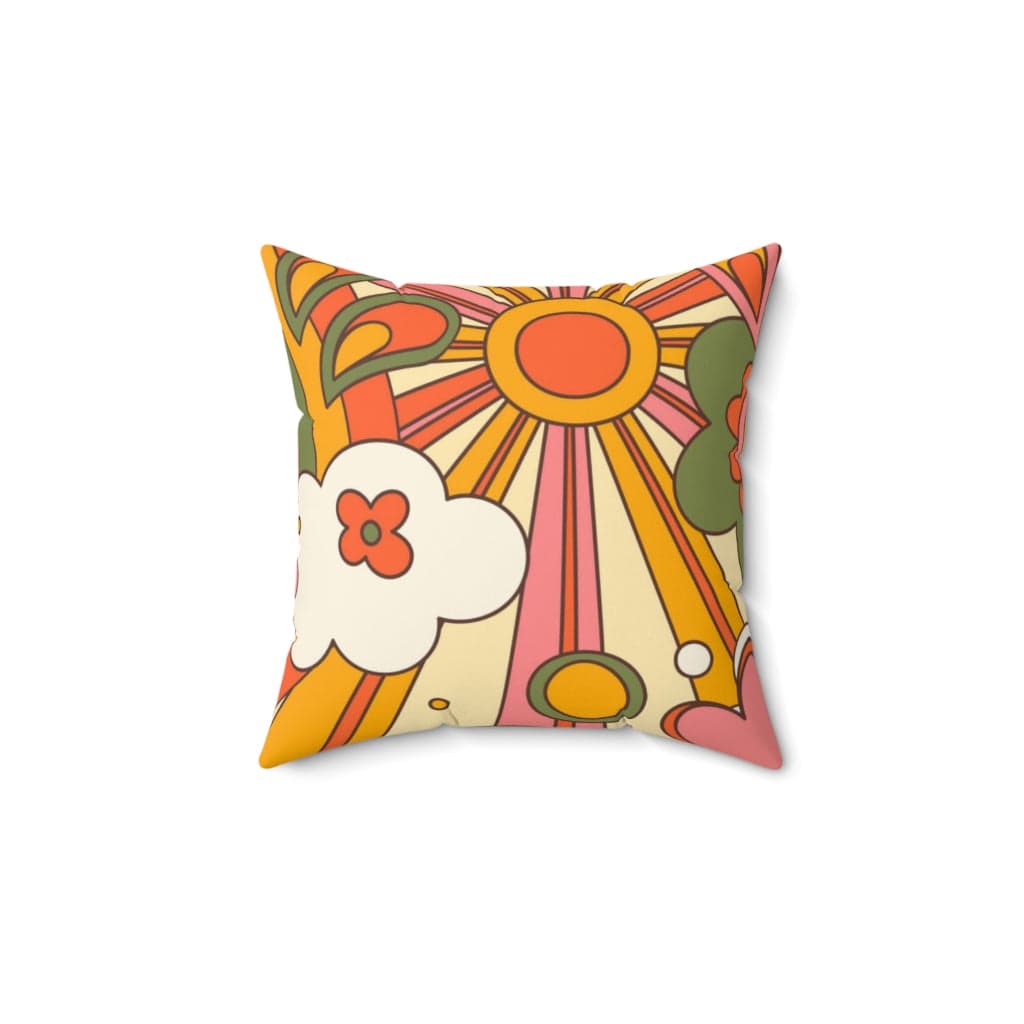60's 70's Groovy Sun, Flower Power, Hippie, Groovy Vibes, Orange, Yellow, Green Spun Polyester Square Pillow Home Decor 14" × 14"