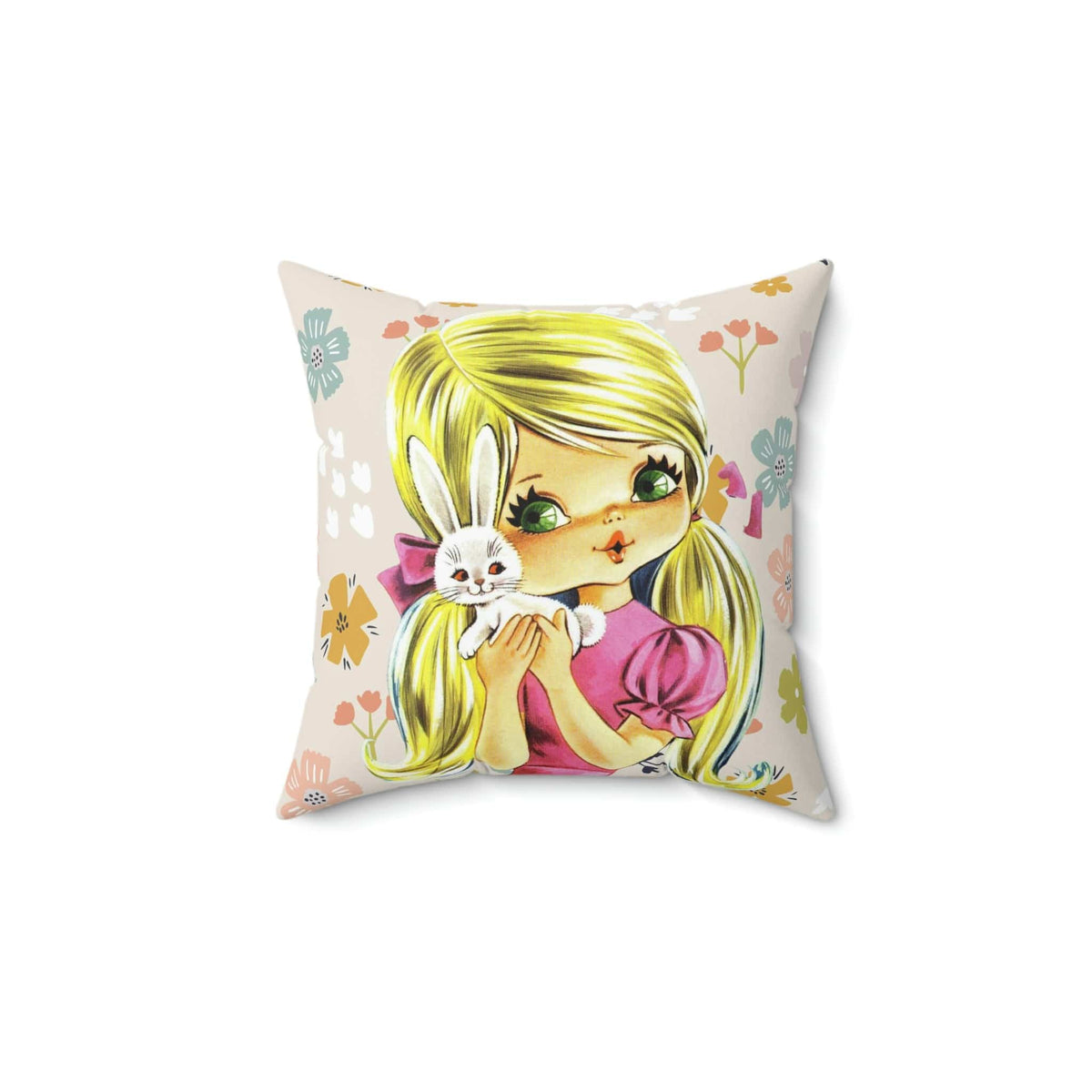 70's Retro Pillow, Blonde Hair, Big Green Eyes, Pretty Girl, Flower Power, Groovy Flowers, Girl With Bunny, Sweet, Simple Pillow COVER Home Decor 14" × 14"