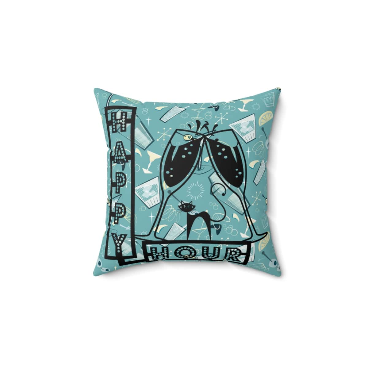 Atomic Cat, Mid Century Modern, Happy Hour, 50's Martini Cocktail, Retro Aqua Blue, Pillow And Insert Home Decor 14" × 14"