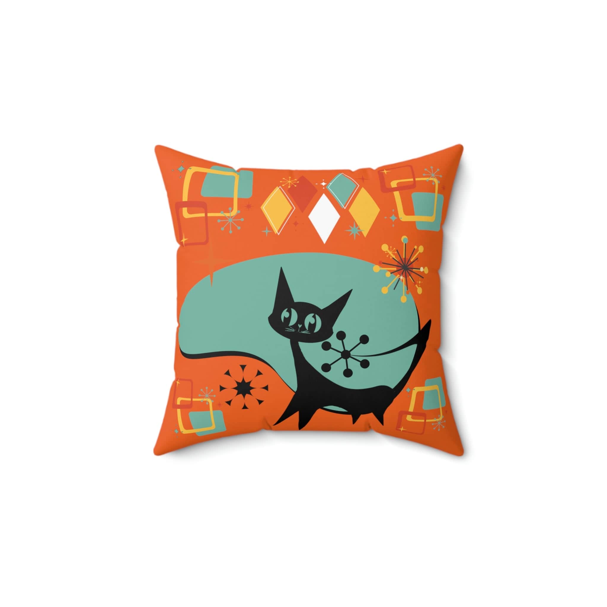 Atomic Cat, Mid Century Modern, Orange, Aqua Atomic Boomerang, Starburst, Retro Pillow Cover Home Decor 14" × 14"