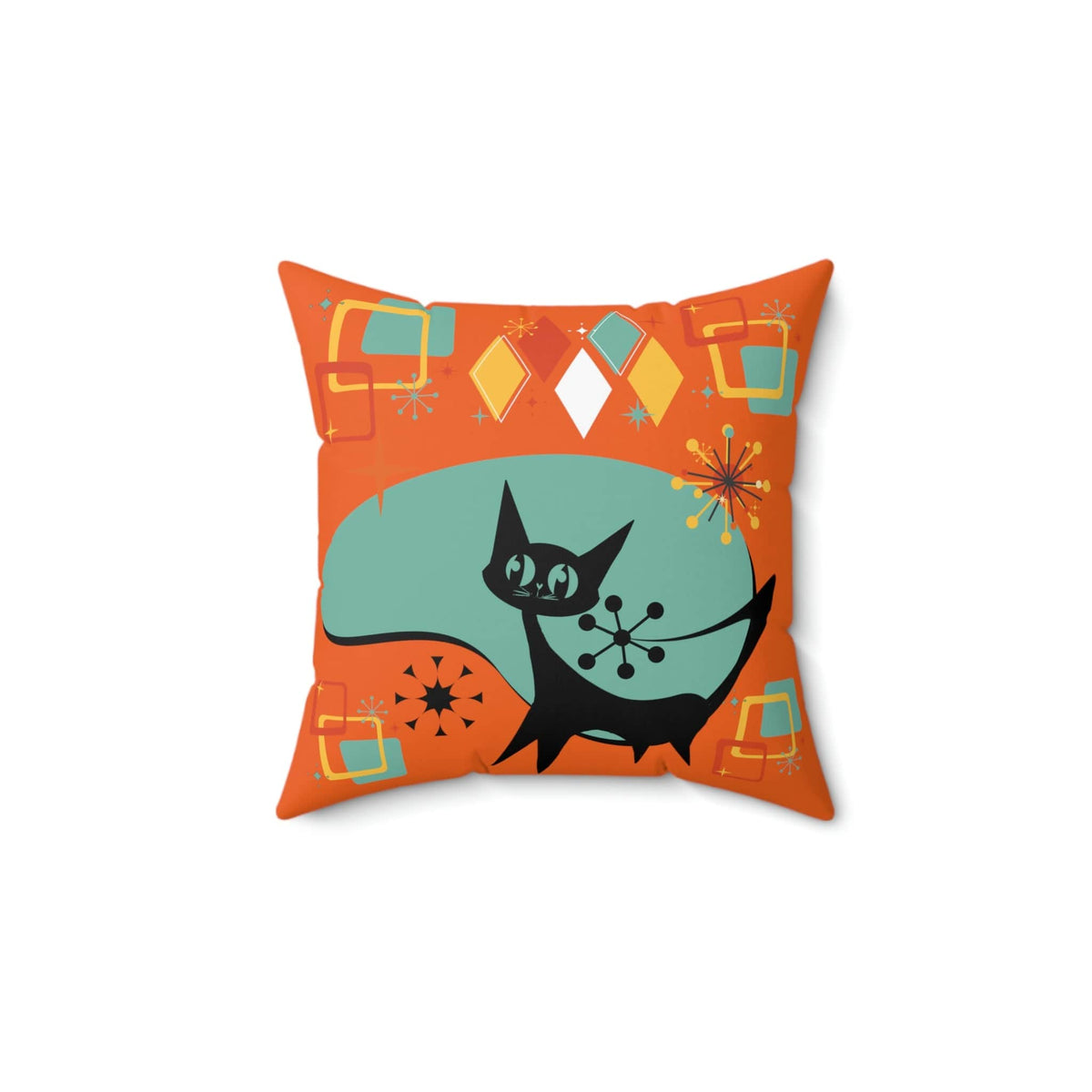 Atomic Cat, Mid Century Modern, Orange, Aqua Atomic Boomerang, Starburst, Retro Pillow Cover Home Decor 14" × 14"