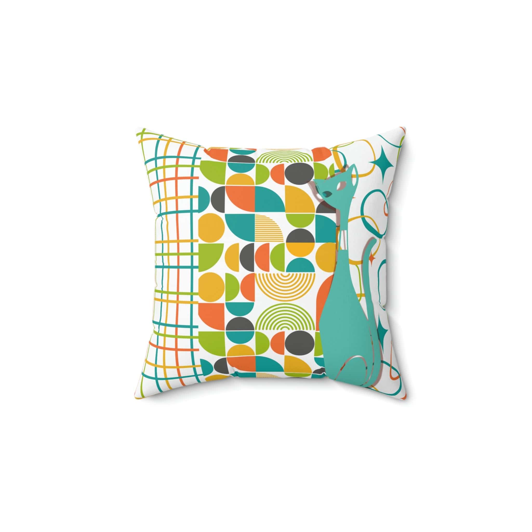 Atomic Cat Pillow, Mid Century Modern, White, Aqua, Orange, Yellow, FUN, Funky, Geometric, Retro Home Decor Pillow And Insert Home Decor 14" × 14"