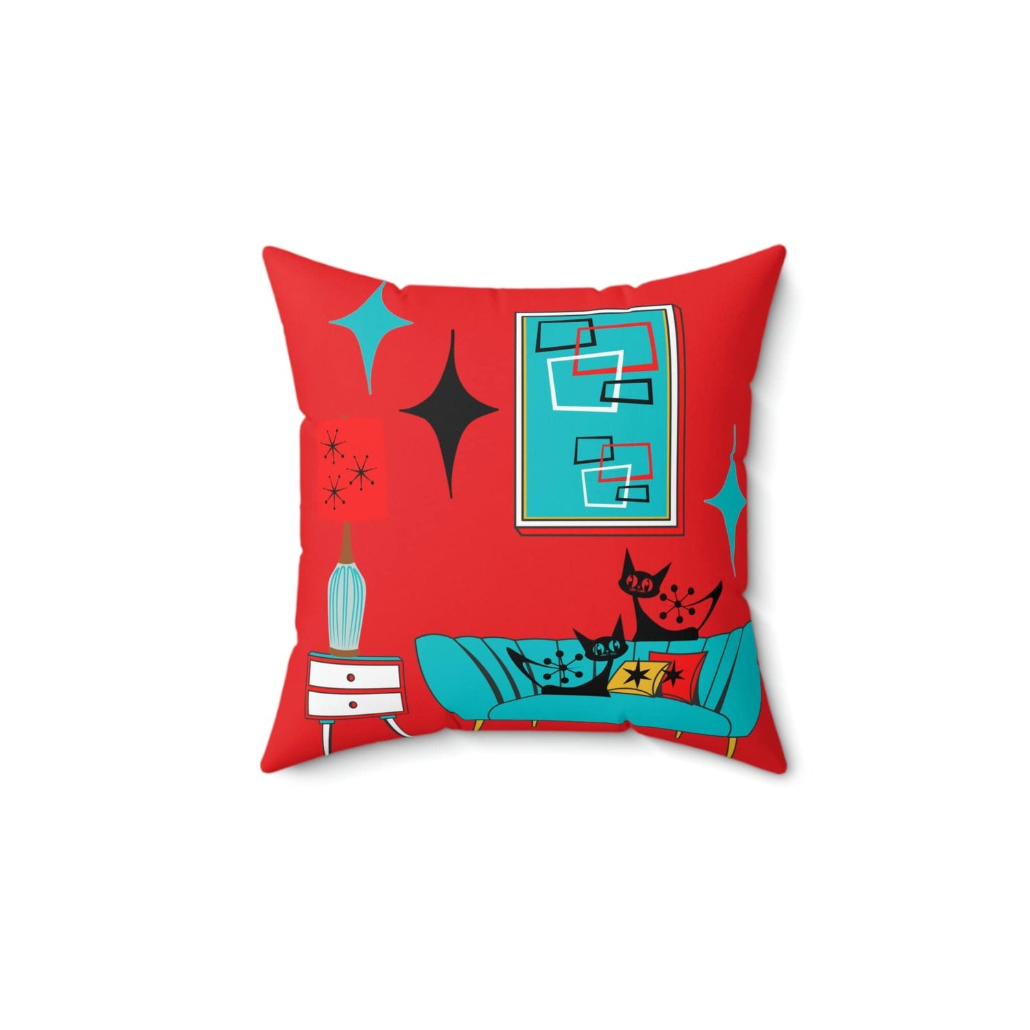 Atomic Cat, Sputnik Red, Aqua Blue, Mid Century Modern Pillow And Insert Home Decor 14" × 14"