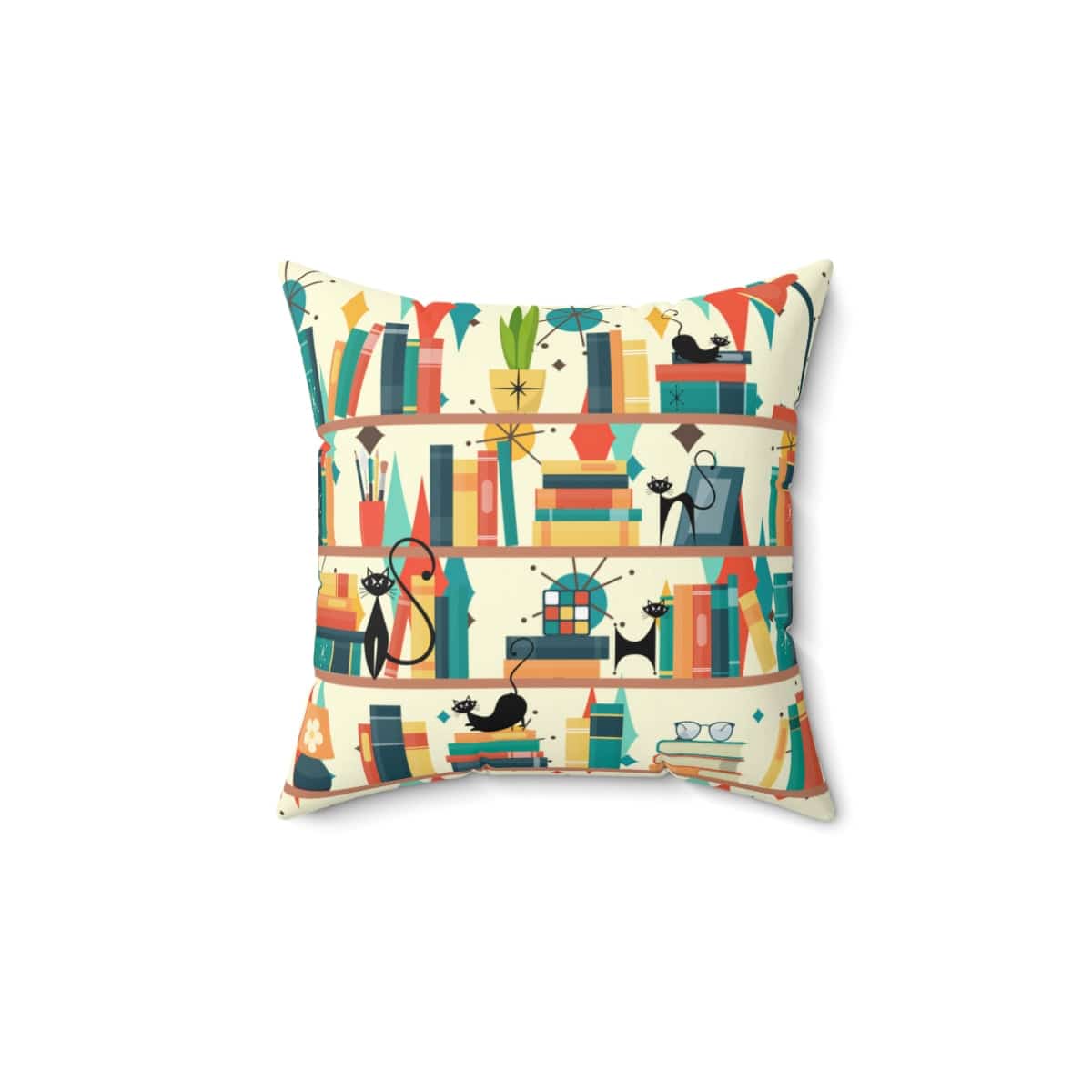Atomic Cats, Book Lover Gifts, Mid Century Modern Pillow, Franciscan Starburst Pattern, Office, Den, Retro Pillows Home Decor 14" × 14"