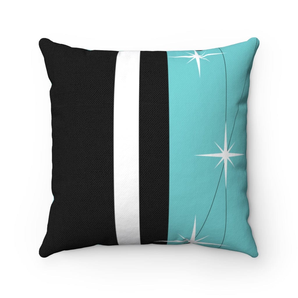 Mid Century Modern, Black, Turquoise, White, Starburst, MCM Mid Mod, Atomic Age Living Spun Polyester Square Pillow Home Decor 14" × 14"
