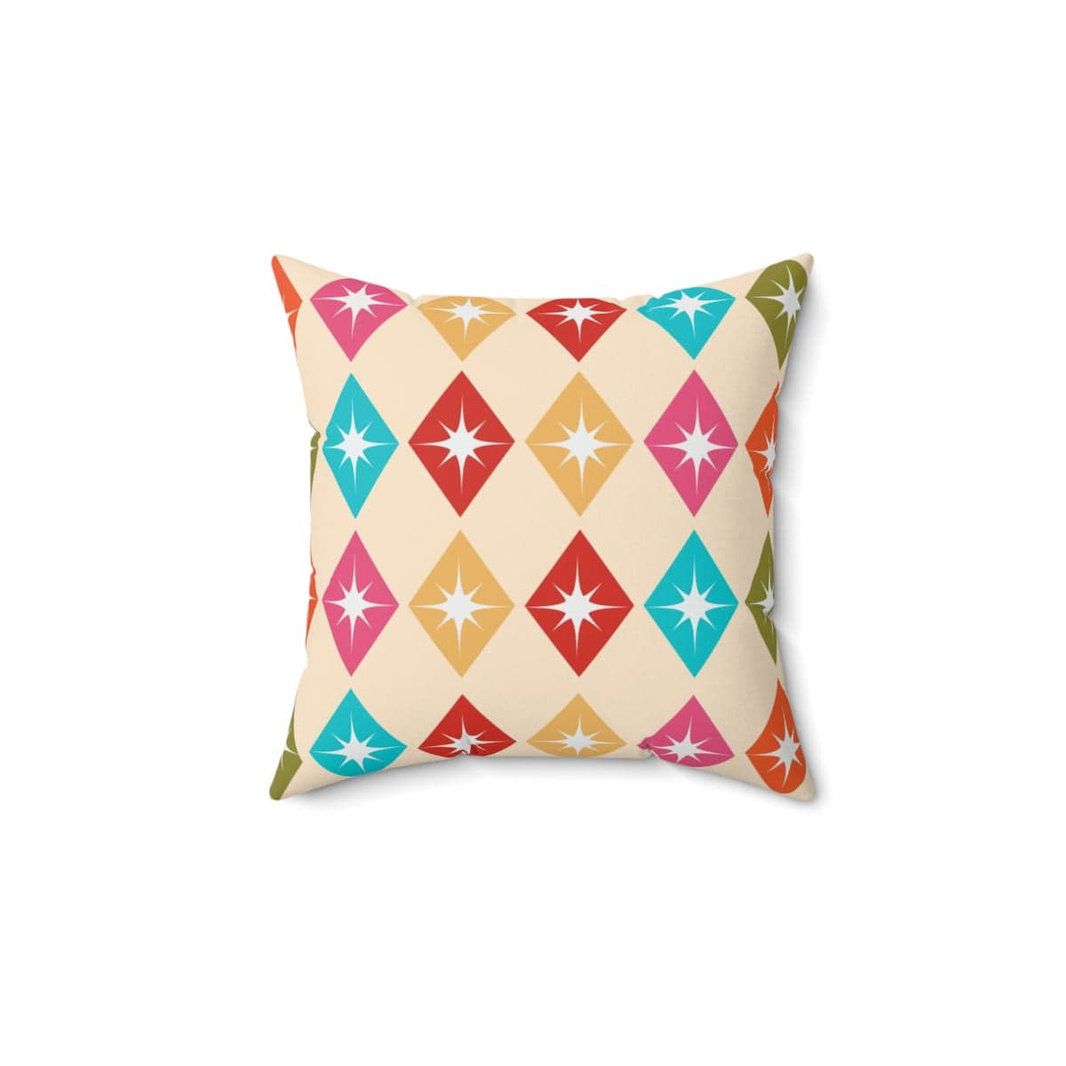 Mid Century Modern, Retro Harlequin Diamonds, Hot Pink, Yellow, Orange, Verde Green, Turquoise Blue Beige MCM Pillow And Insert Home Decor 14" × 14"