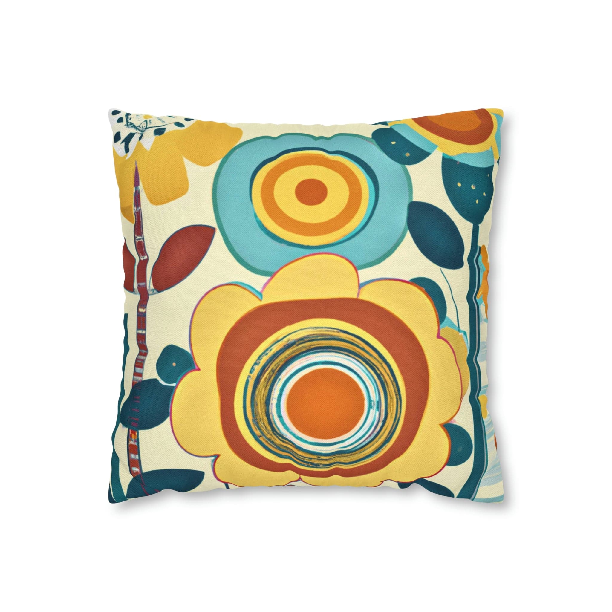 Modern Scandinavian, Floral, Folk Art, Turquoise, Yellow, Rust, Retro Pillow Case Home Decor 14" × 14"