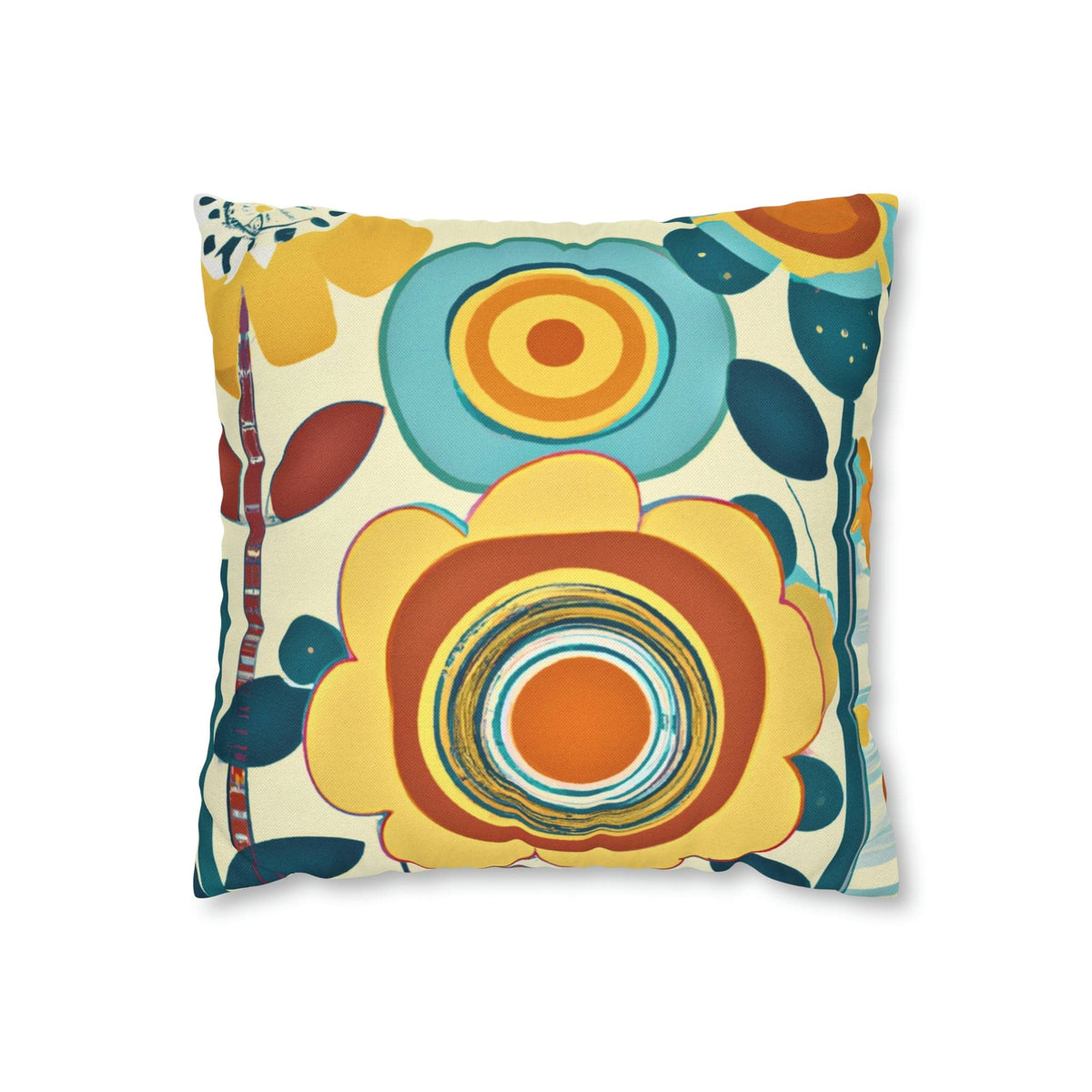 Modern Scandinavian, Floral, Folk Art, Turquoise, Yellow, Rust, Retro Pillow Case Home Decor 14" × 14"