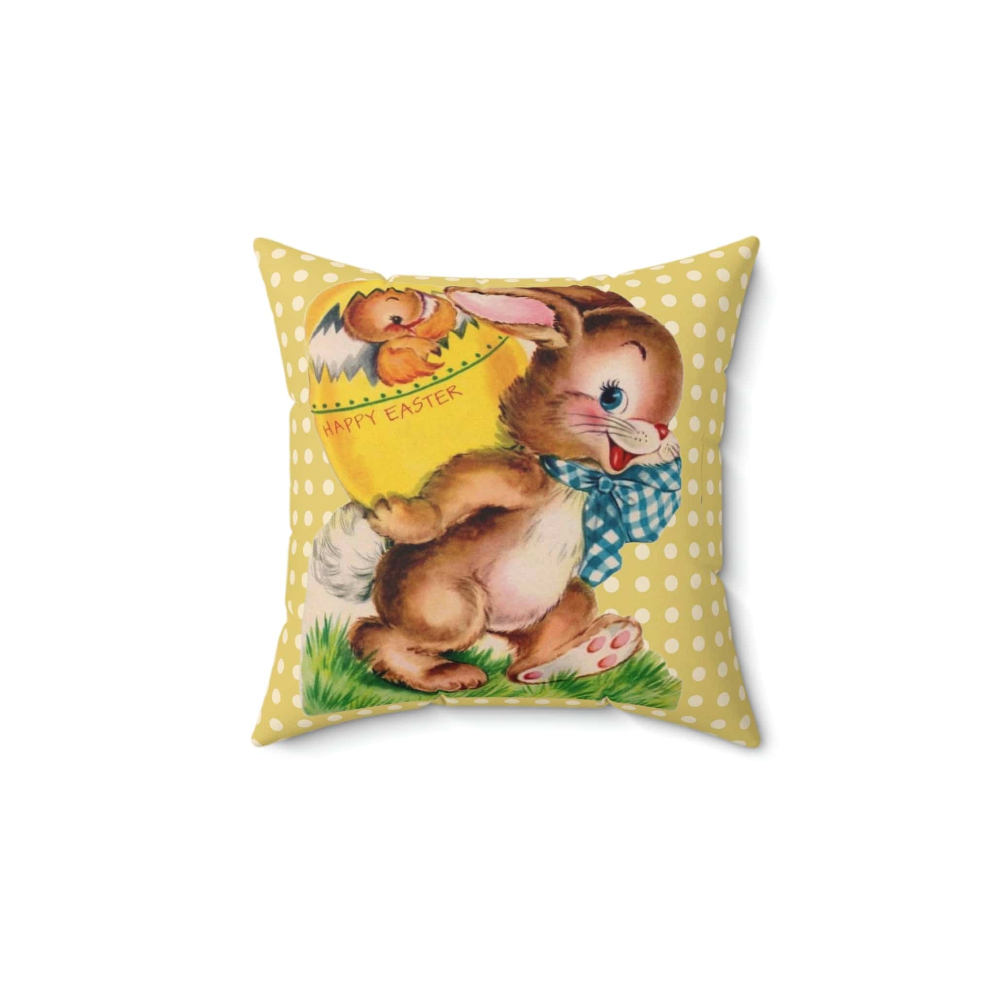 Vintage Easter Card Anthropomorphic Bunny, Happy Easter, Yellow Polka Dot, Hatching Chick In Egg, Spring, Easter, Retro Pillow And Insert Home Decor 14" × 14"