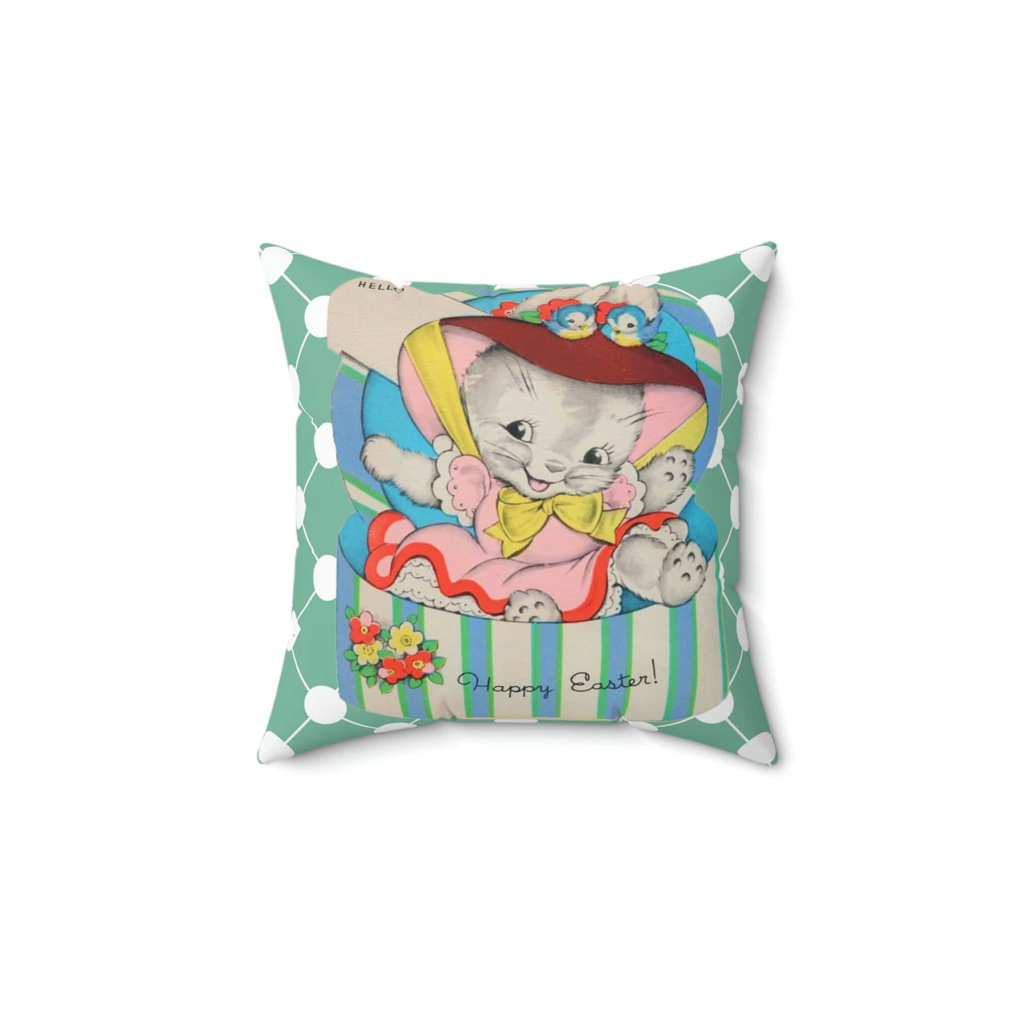 Vintage Easter Card Anthropomorphic Bunny In Hat Box, Aqua Blue, Teal Pink Bonnet, Happy Easter Retro Style Spring Pillow And Insert Home Decor 14" × 14"