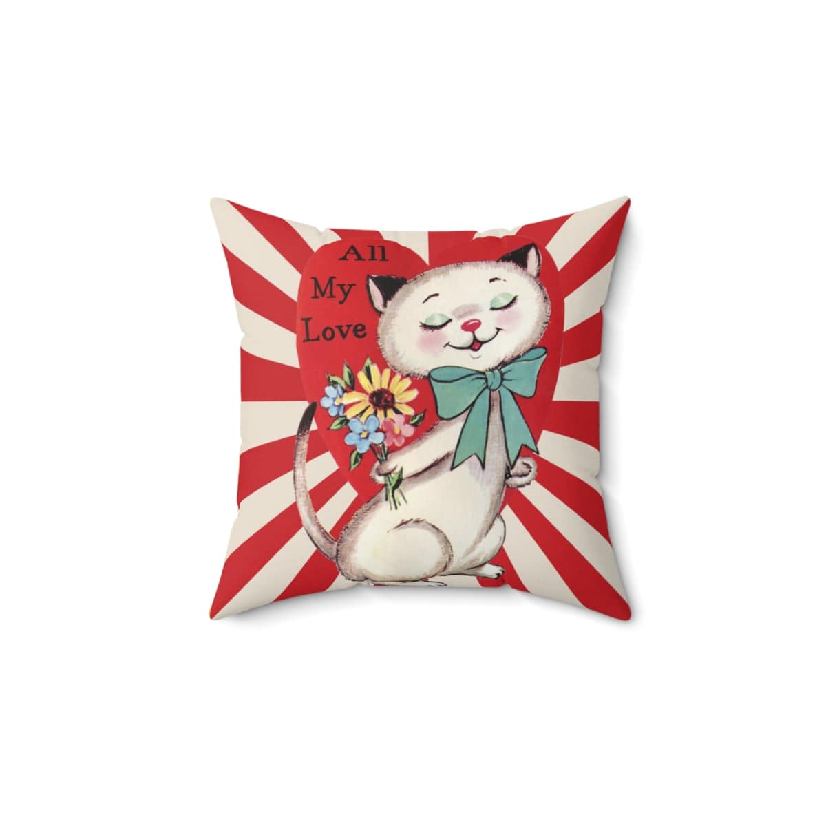 Vintage Valentine Card, Retro White Cat, All My Love Pillow Case ONLY Home Decor 14" × 14"
