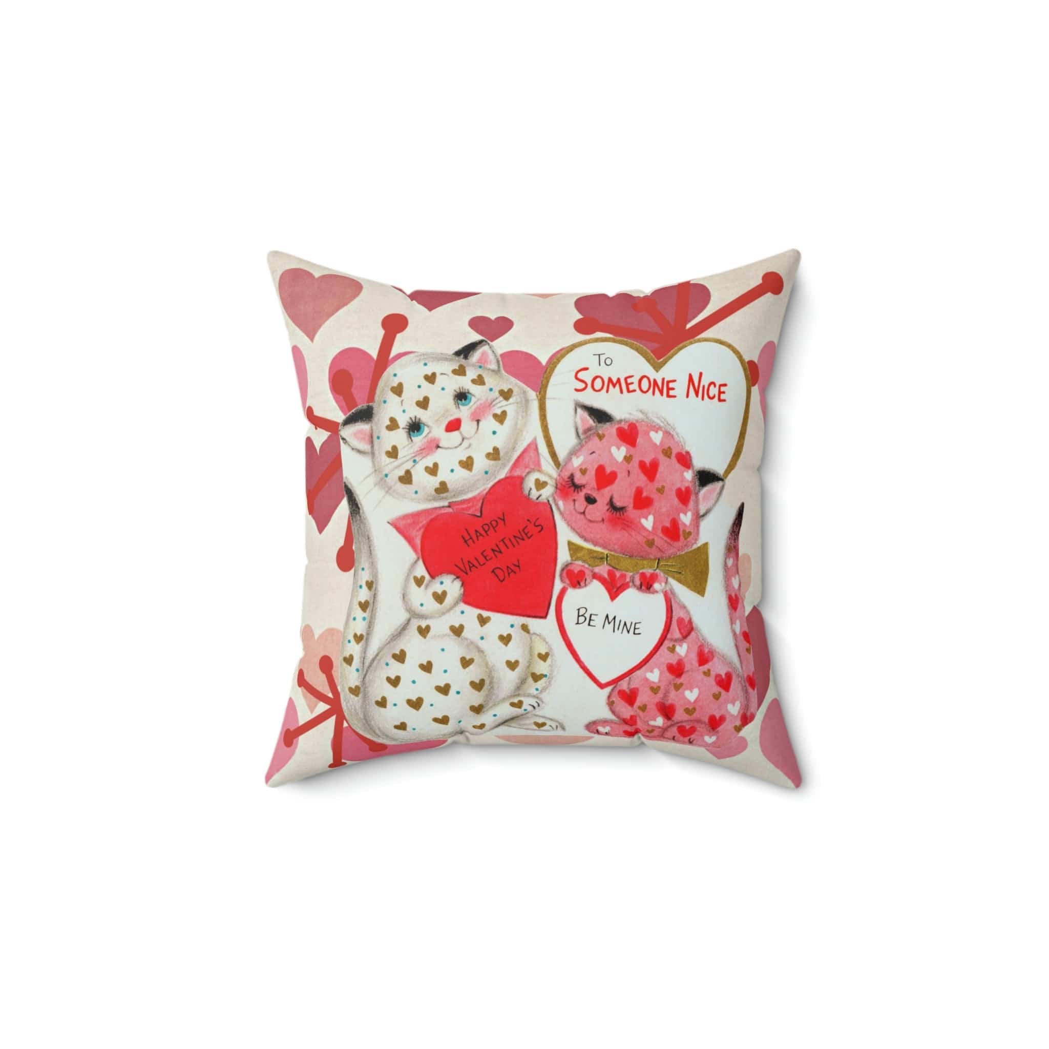 Vintage Valentine, KIttie Cat, Love, Be My Valentine, Hearts, Aged, Kitschy Cute, Valentine Pillow And Insert Home Decor 14" × 14"