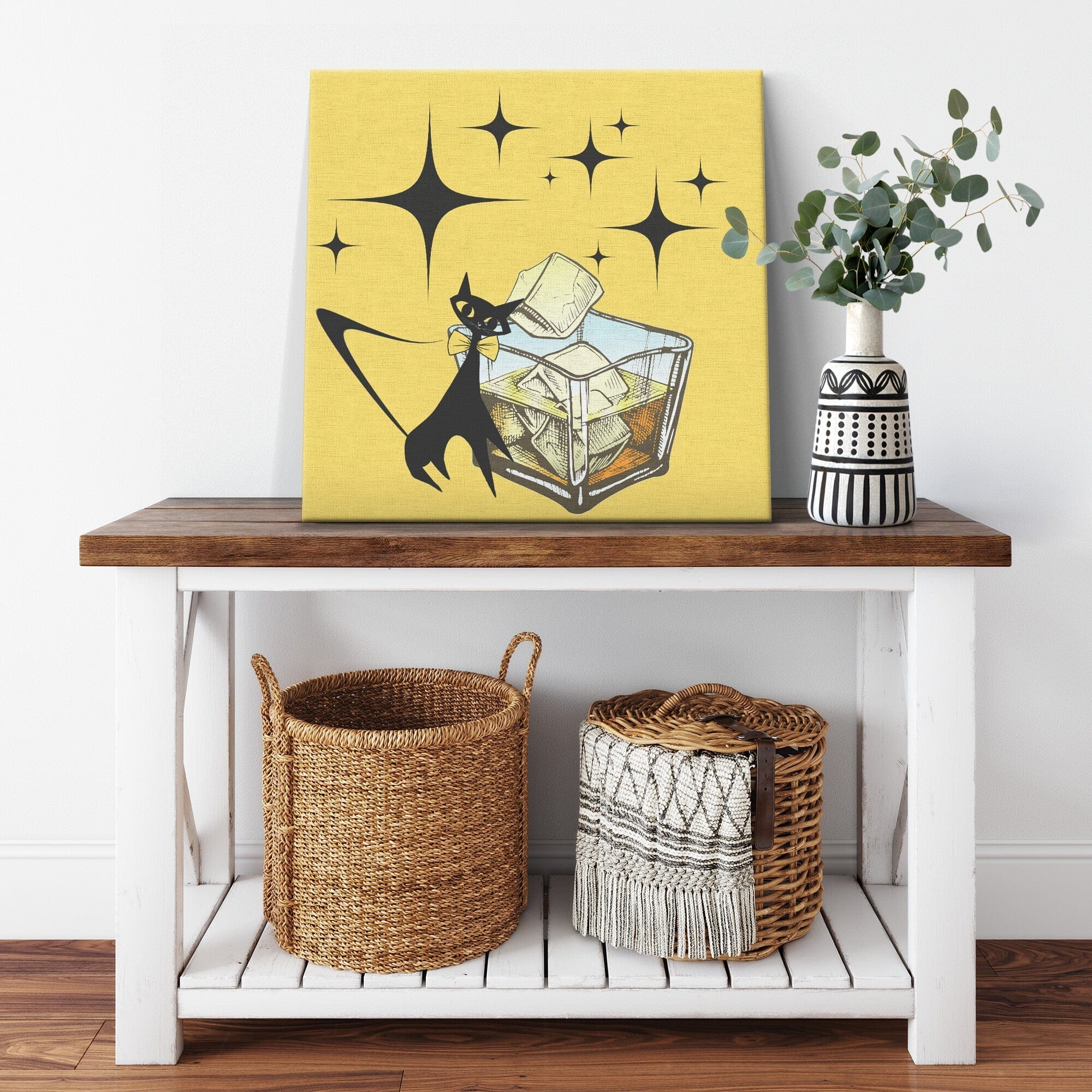 Bourbon Lover, Retro Wall Art, Yellow, Black Starburst Atomic Cat Mid Century Wall Art Wall Art 14x14 / .75