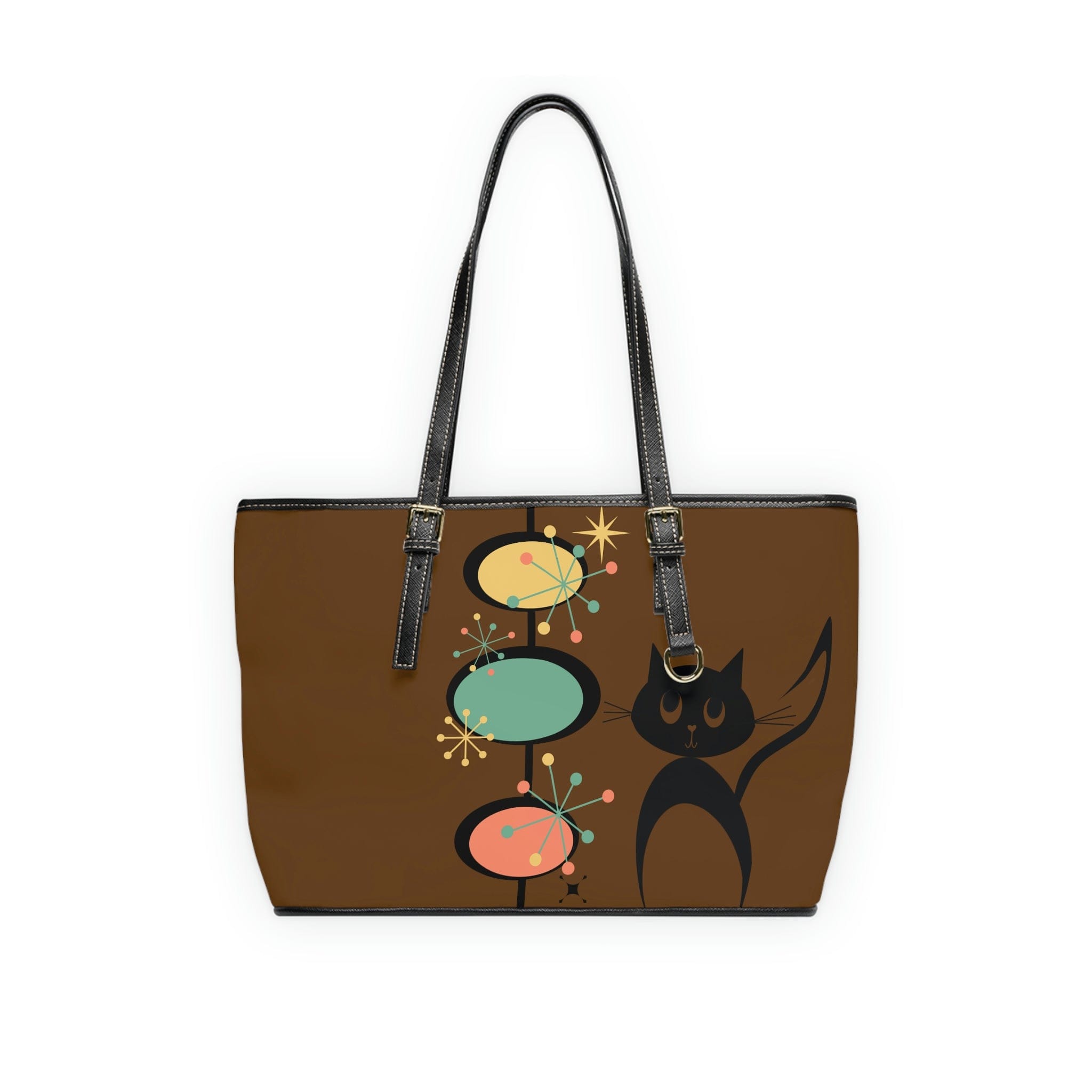 Atomic Cat, Chocolate Brown, Mid Century Modern Starburst Retro Leather Shoulder Bag Bags 16" x 10" / Black