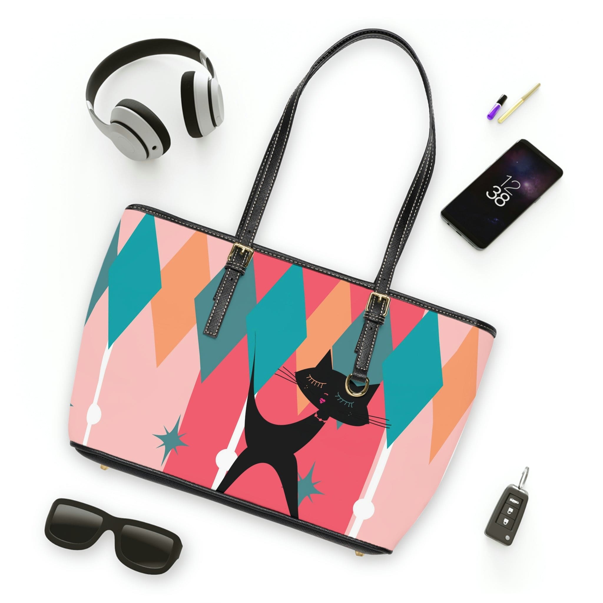 Atomic Cat, Pink, Aqua Blue, White Starburst Retro PU Leather Shoulder Bag Bags 16" x 10" / Black