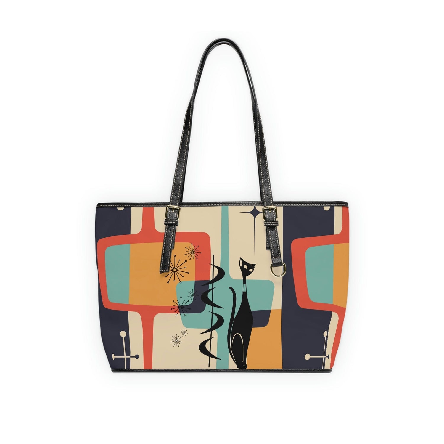 Mid Mod, Atomic Cat, Retro, Geometric Beige, Charcoal Gray, Yellow, Teal Blue,  PU Leather Shoulder Bag Bags 16" x 10" / Black
