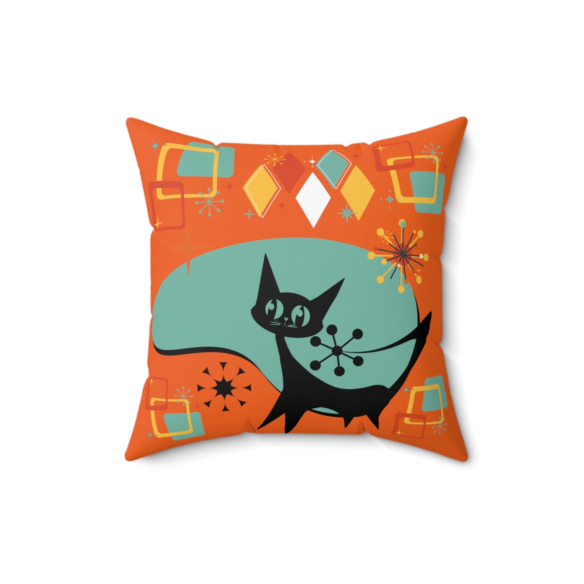 Atomic Cat, Mid Century Modern, Orange, Aqua Atomic Boomerang, Starburst, Retro Pillow Cover Home Decor 16" × 16"