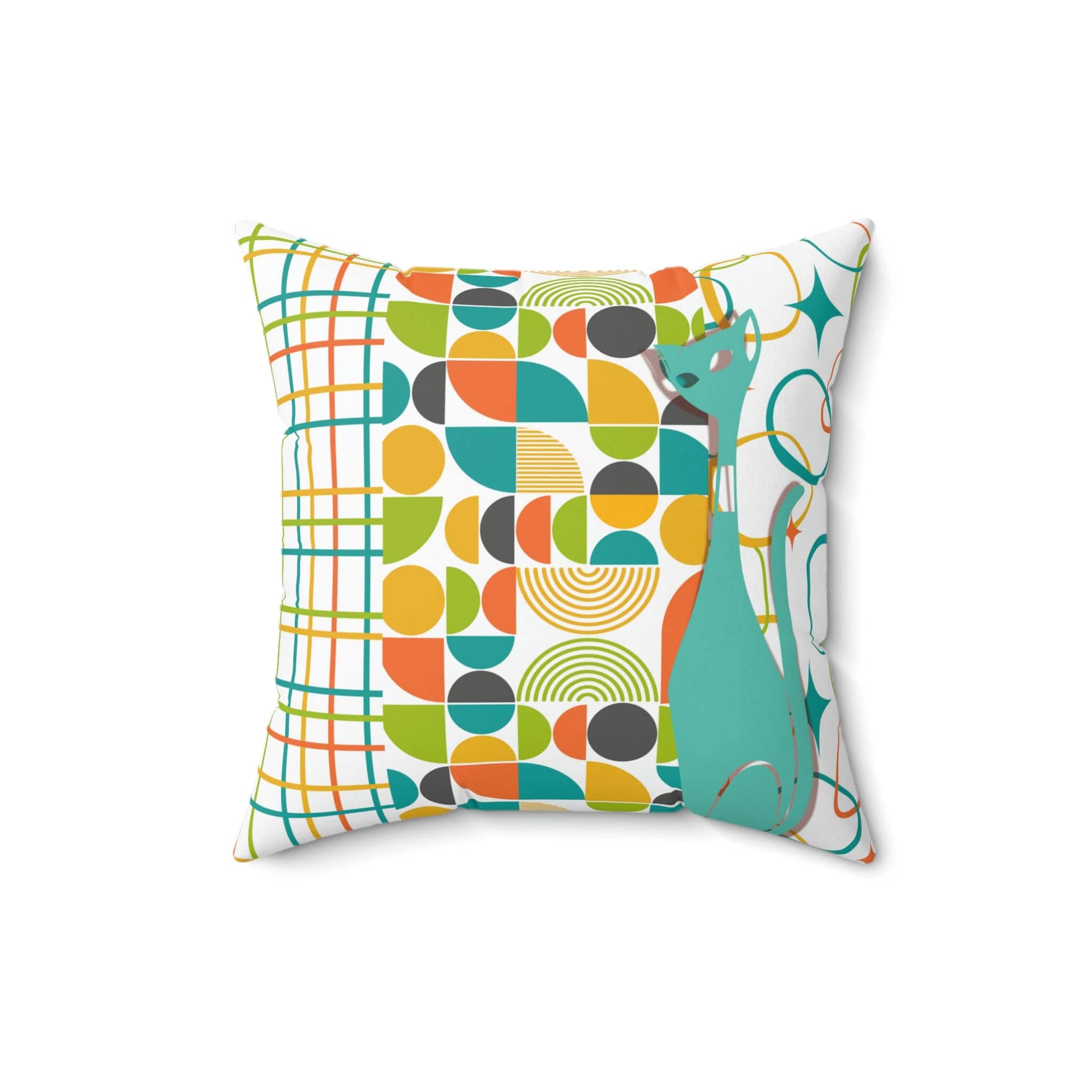Atomic Cat Pillow, Mid Century Modern, White, Aqua, Orange, Yellow, FUN, Funky, Geometric, Retro Home Decor Pillow And Insert Home Decor 16" × 16"