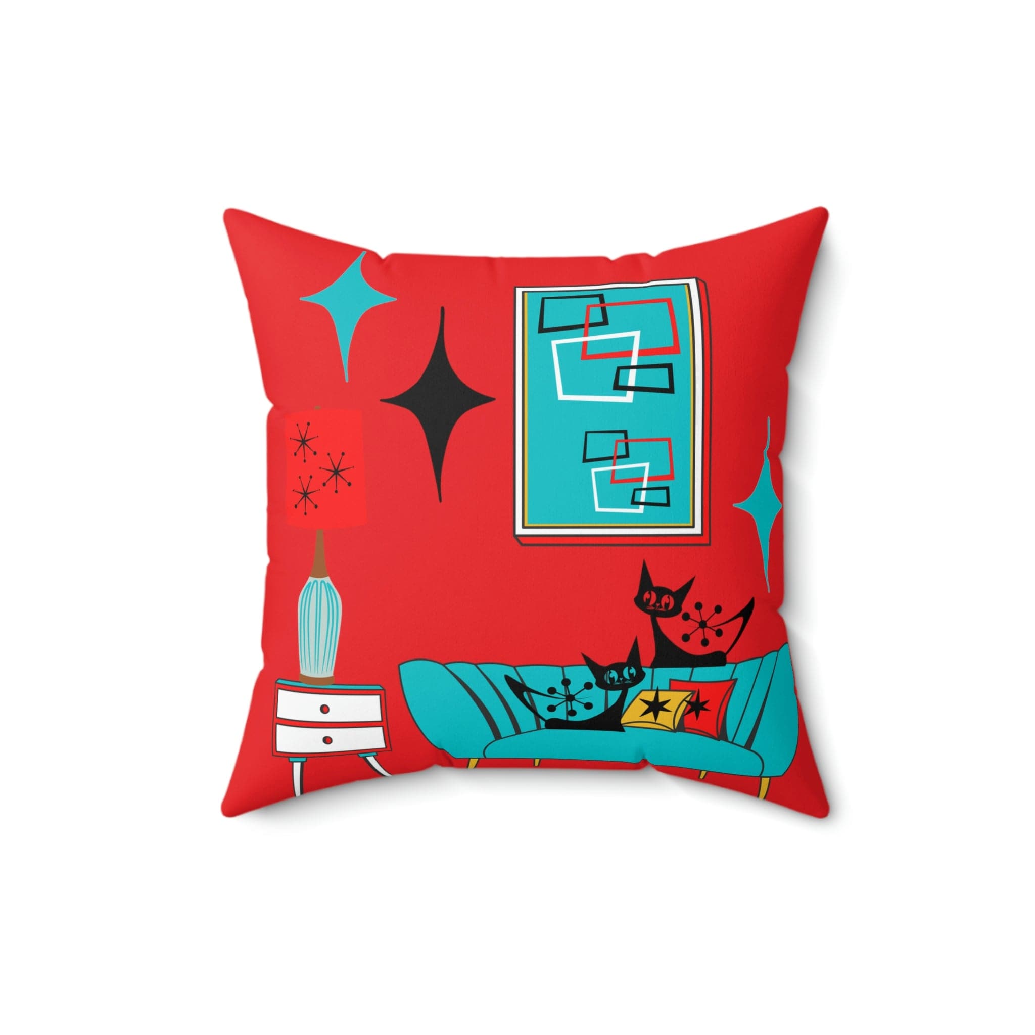 Atomic Cat, Sputnik Red, Aqua Blue, Mid Century Modern Pillow And Insert Home Decor 16" × 16"