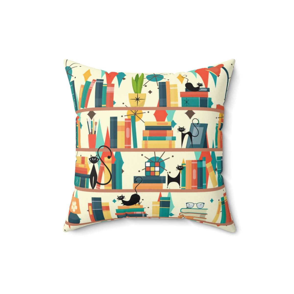 Atomic Cats, Book Lover Gifts, Mid Century Modern Pillow, Franciscan Starburst Pattern, Office, Den, Retro Pillows Home Decor 16" × 16"