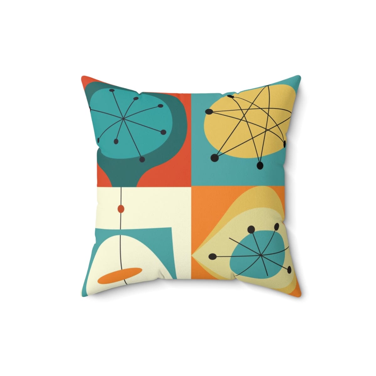 Groovy 60's 70's Mid Century Modern Throw Pillow, Geometric Abstract, Orange, Yellow, Teal Blue, Atomic Age, Couch Cushion Home Decor 16" × 16"