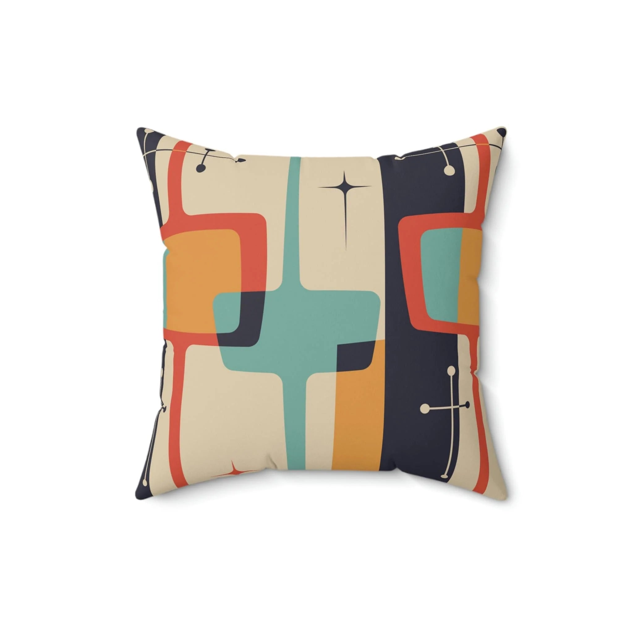 Mid Century Modern Geometric, Teal Blue, Mustard Yellow, Coral, Atomic Starburst Retro Pillow Case And Insert Home Decor 16" × 16"
