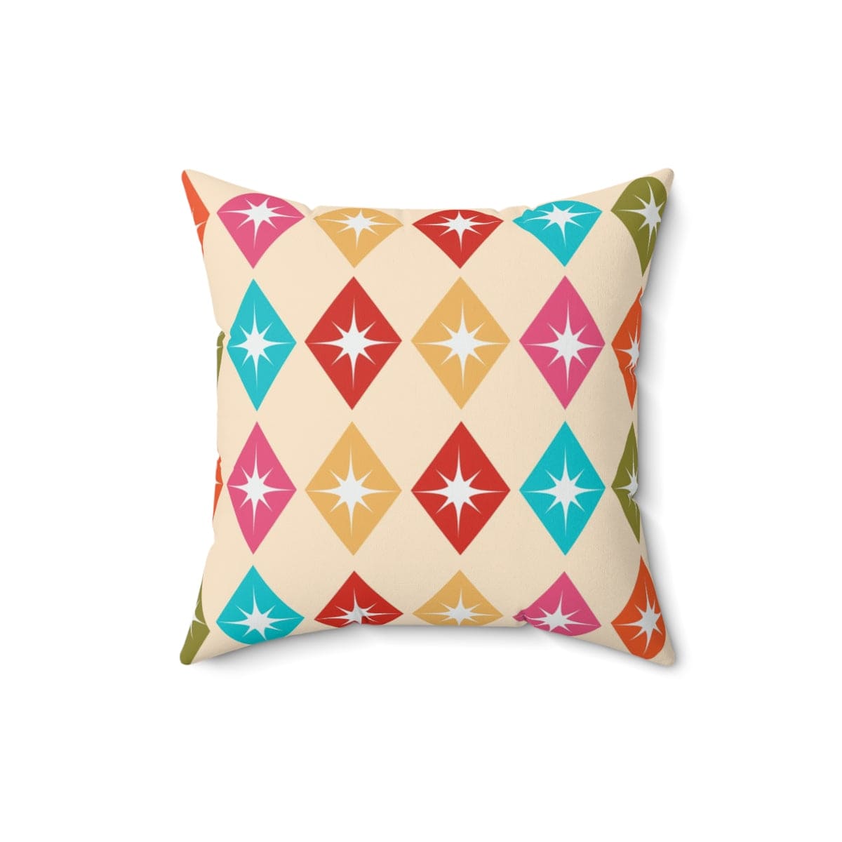 Mid Century Modern, Retro Harlequin Diamonds, Hot Pink, Yellow, Orange, Verde Green, Turquoise Blue Beige MCM Pillow And Insert Home Decor 16" × 16"
