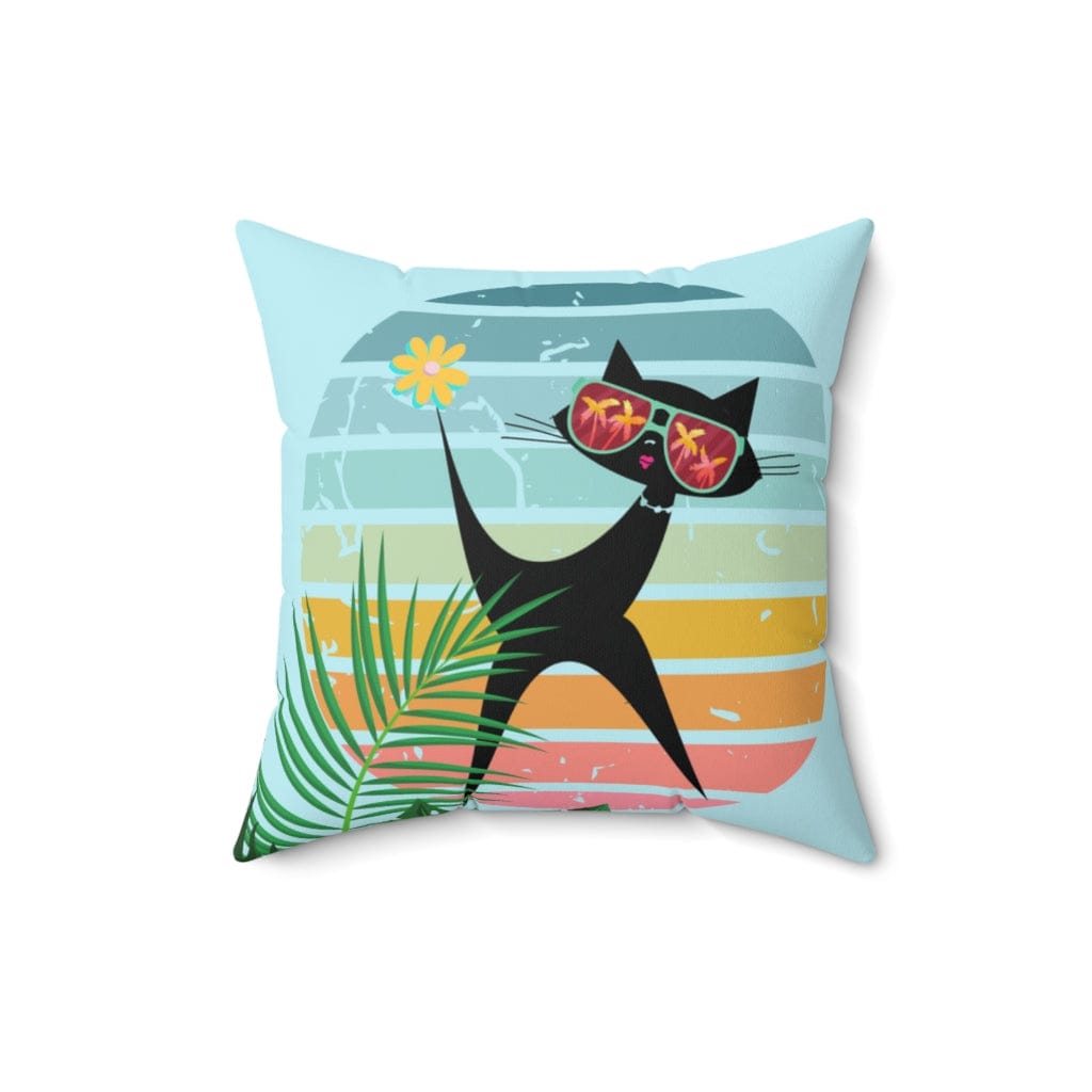 Mod Cat, Palm Spring, Cali, Florida, Tropical, Retro Groovy, Aqua, Pink, Mid Mod Pillow Cushion And Insert Home Decor 16" × 16"