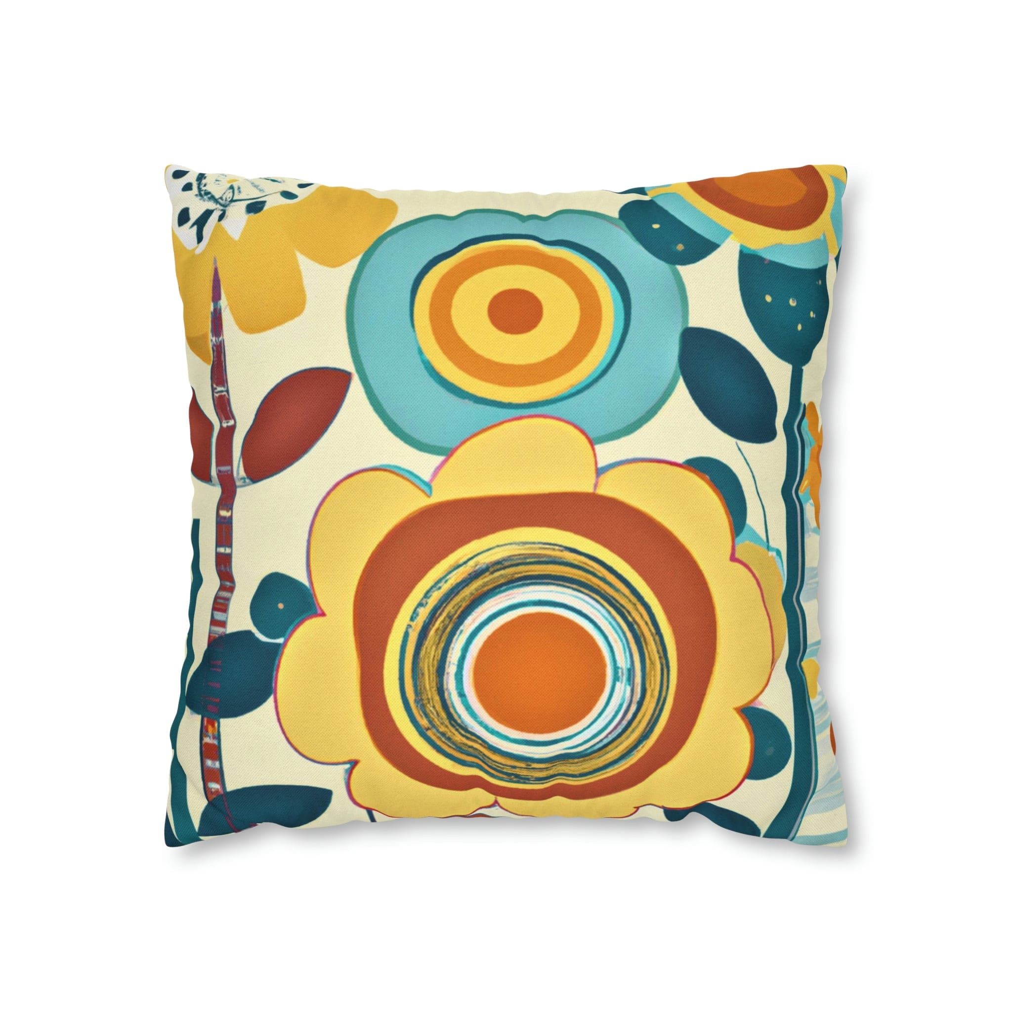 Modern Scandinavian, Floral, Folk Art, Turquoise, Yellow, Rust, Retro Pillow Case Home Decor 16" × 16"