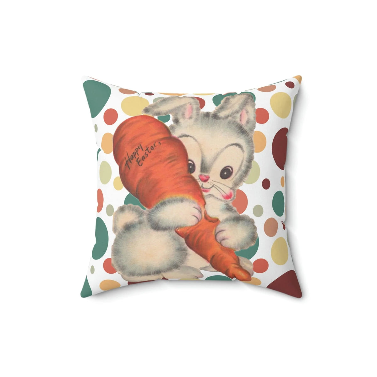 Vintage Easter Bunny Card, Happy Easter, Polka Dot, Easter Decor Pillow And Insert Home Decor 16" × 16"