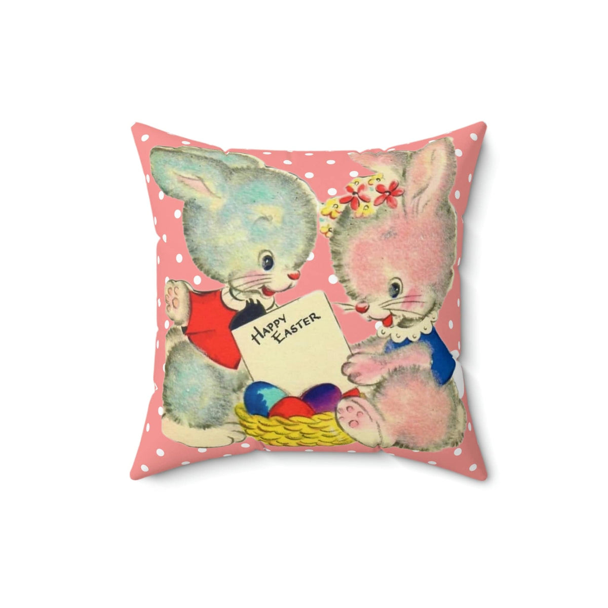 Vintage Easter Card Anthropomorphic Bunny Girl, Bunny Boy, Love, Happy Easter Retro Polka Dot Pink Easter Pillow And Insert Home Decor 16" × 16"