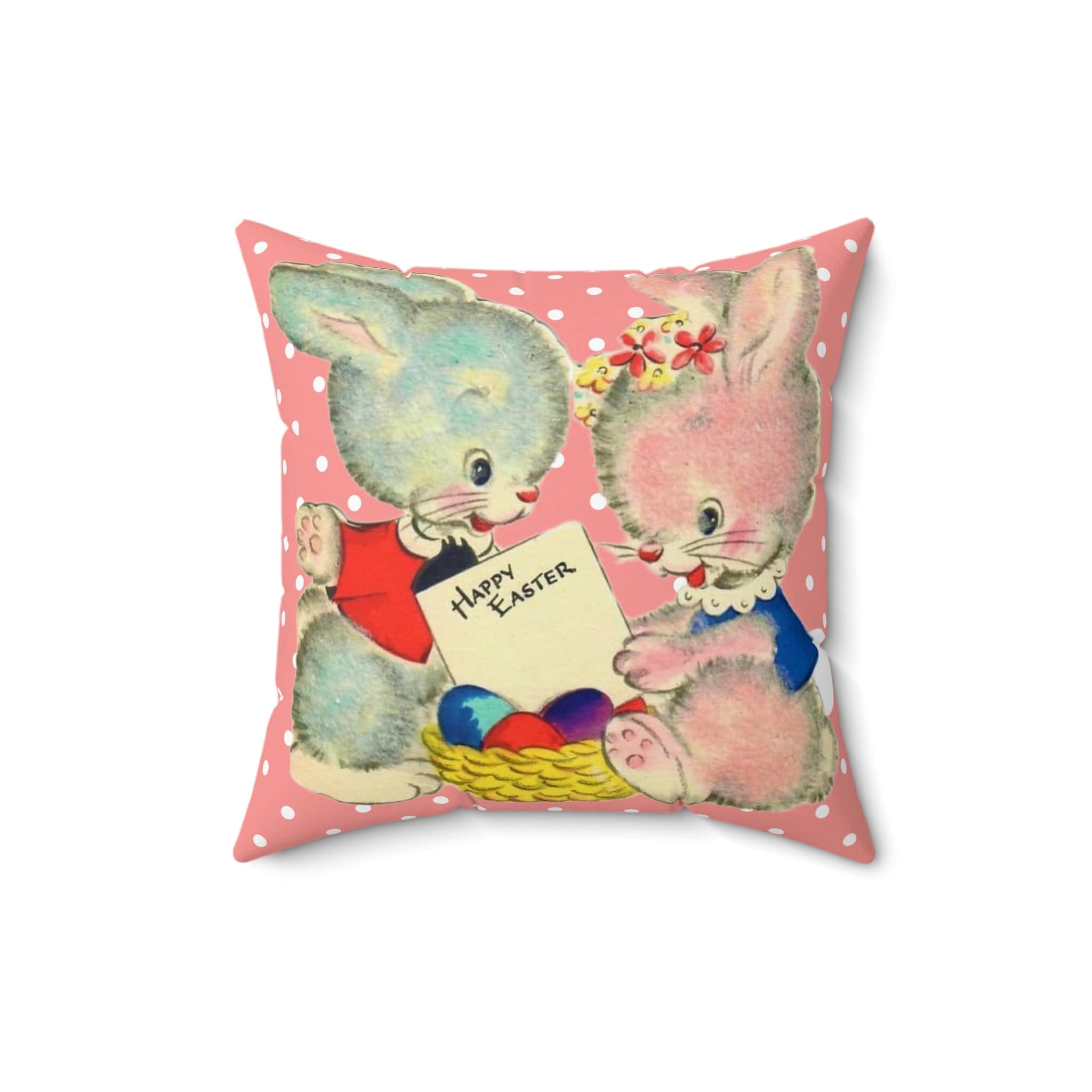 Vintage Easter Card Anthropomorphic Bunny Girl, Bunny Boy, Love, Happy Easter Retro Polka Dot Pink Easter Pillow And Insert Home Decor 16" × 16"