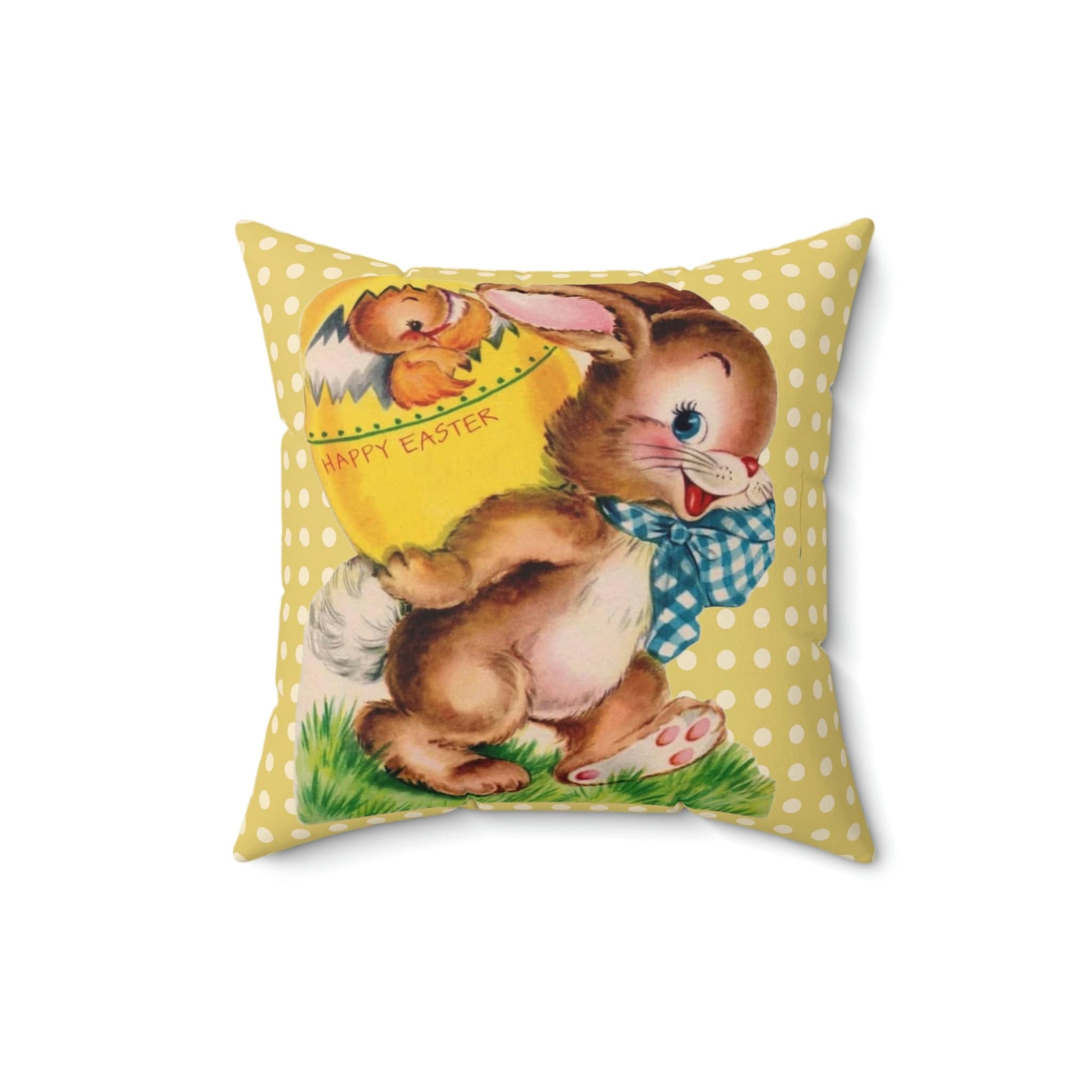 Vintage Easter Card Anthropomorphic Bunny, Happy Easter, Yellow Polka Dot, Hatching Chick In Egg, Spring, Easter, Retro Pillow And Insert Home Decor 16" × 16"