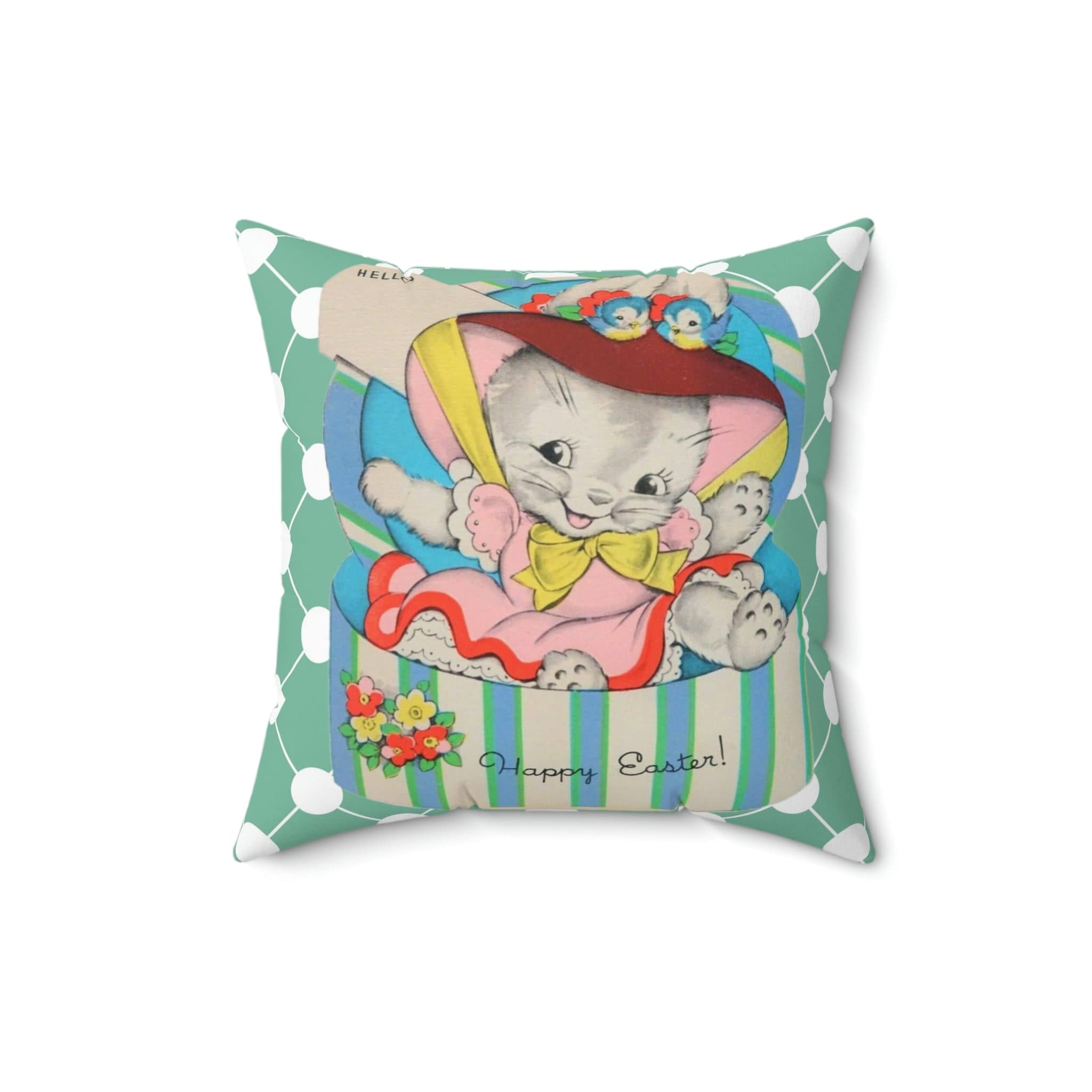 Vintage Easter Card Anthropomorphic Bunny In Hat Box, Aqua Blue, Teal Pink Bonnet, Happy Easter Retro Style Spring Pillow And Insert Home Decor 16" × 16"
