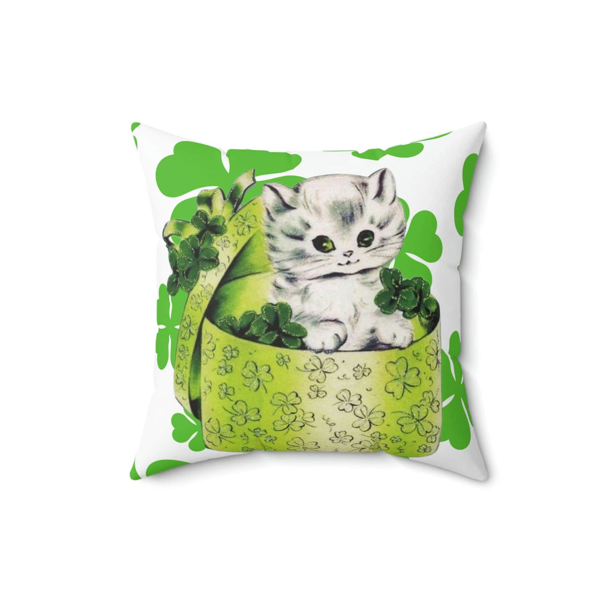 Vintage Irish Card, White Kitschy Cute Kitten, Hat Box, Green, White, Shamrock, Saint Patrick's Day Pillow COVER Home Decor 16" × 16"