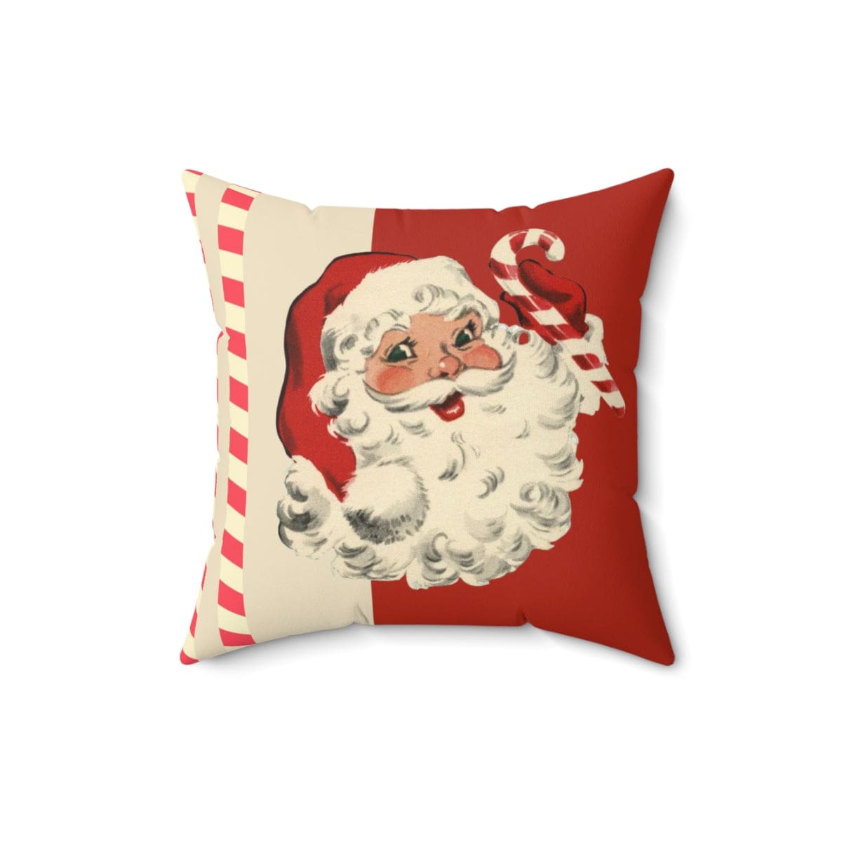 Vintage Santa Claus, Retro Christmas, Mid Century Modern Holiday, Cranberry Red, Beige, Candy Cane Stripe, Pillow And Insert Home Decor 16" × 16"