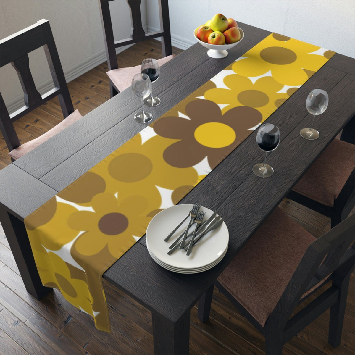 70's Flower Power, Harvest Gold, Retro Daisy, Groovy Trendy Table Runner Home Decor 16" × 90" / Cotton Twill