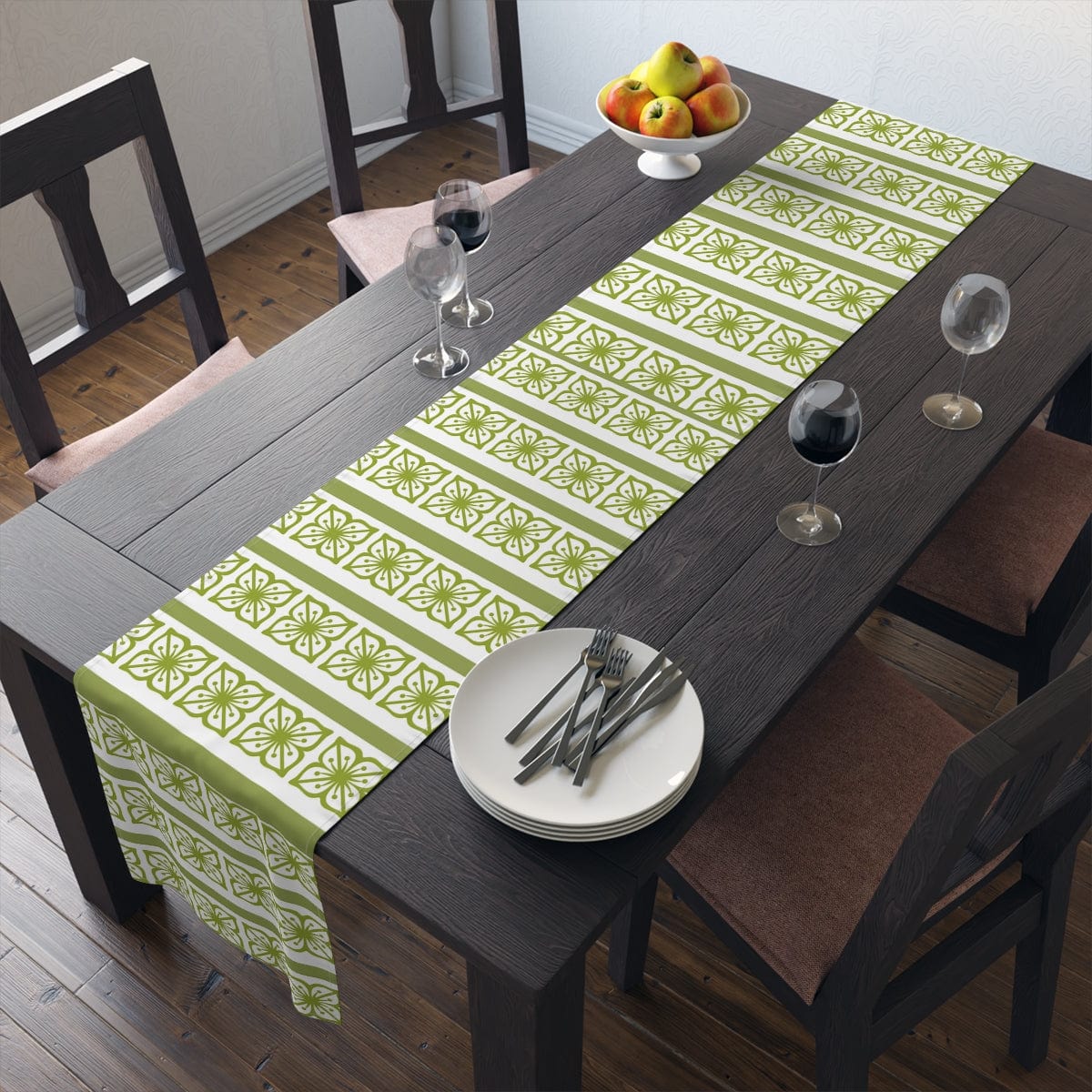 Verde Green, Scandi Block Flowers, Vintage Collector, Kitchen, Dining Room, Table Runner (Cotton, Poly) Home Decor 16" × 90" / Cotton Twill