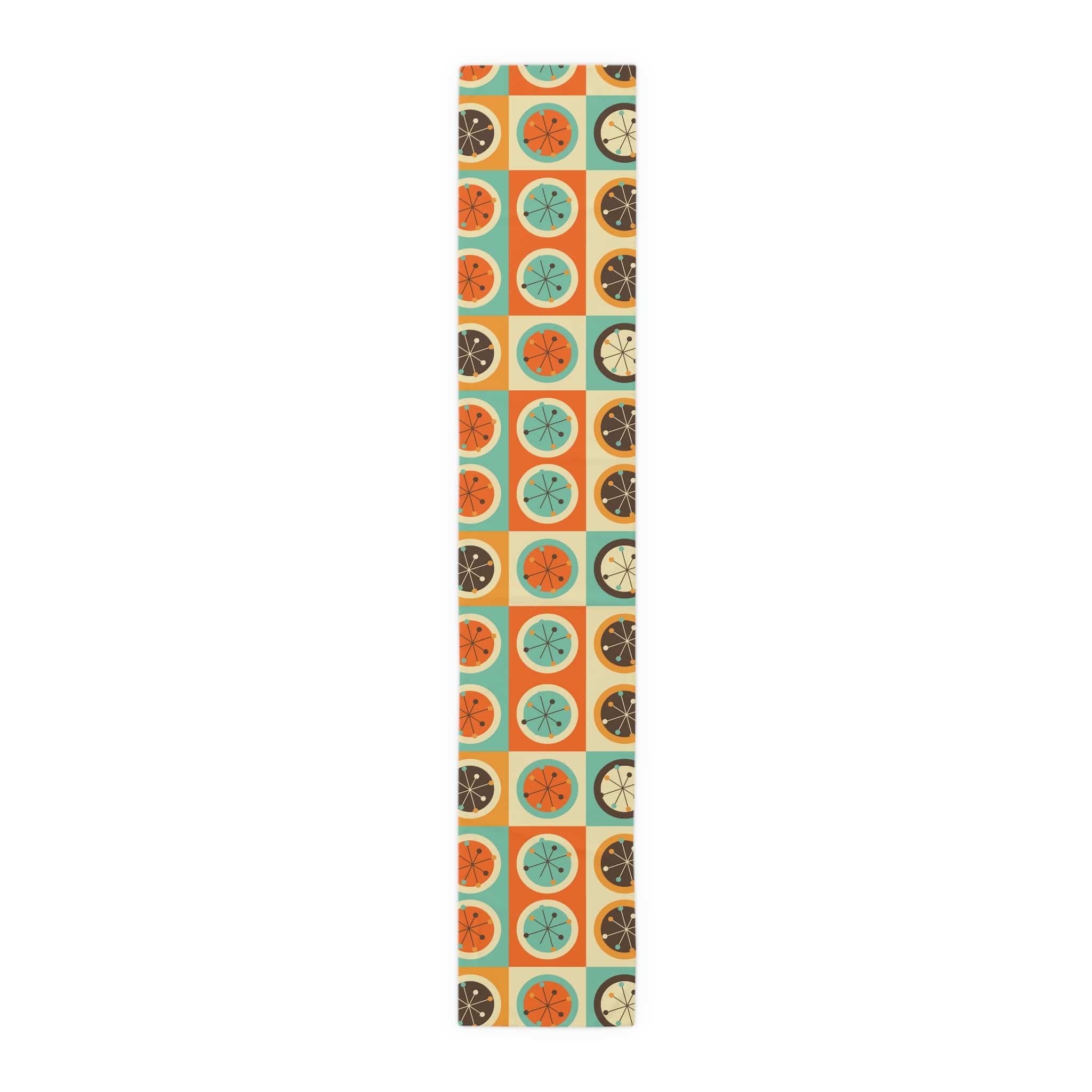 Mid Century Modern Geometric, Starburst, Orange, Brown, Aqua, Retro Table Runner Home Decor 16" × 90" / Polyester