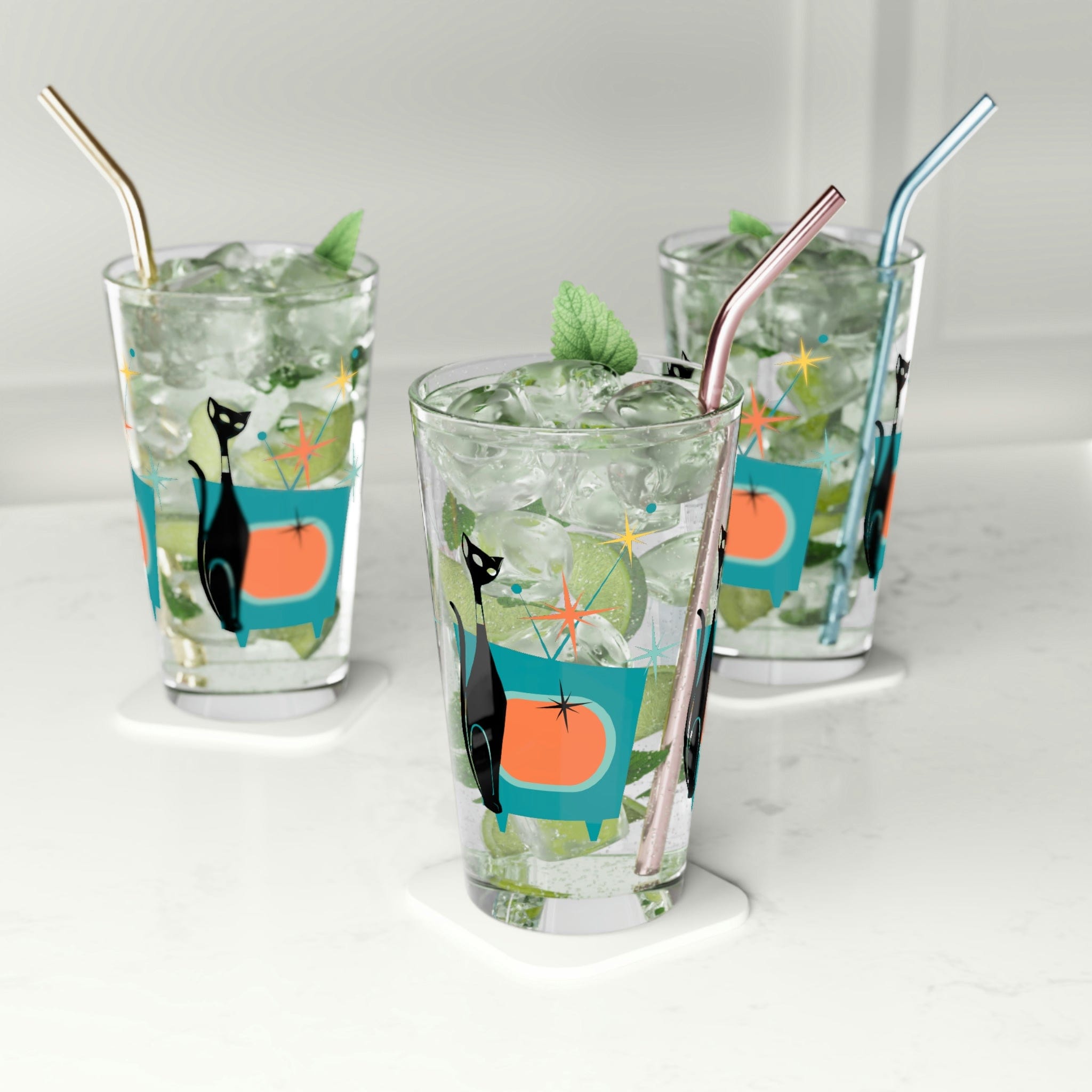 Atomic Cat, Kitschy Cat, Sputnik Starburst, Retro TV, Mid Century Modern, Cocktail, Mocktail, Beer, Water, Pint Glass Gift Mug 16oz