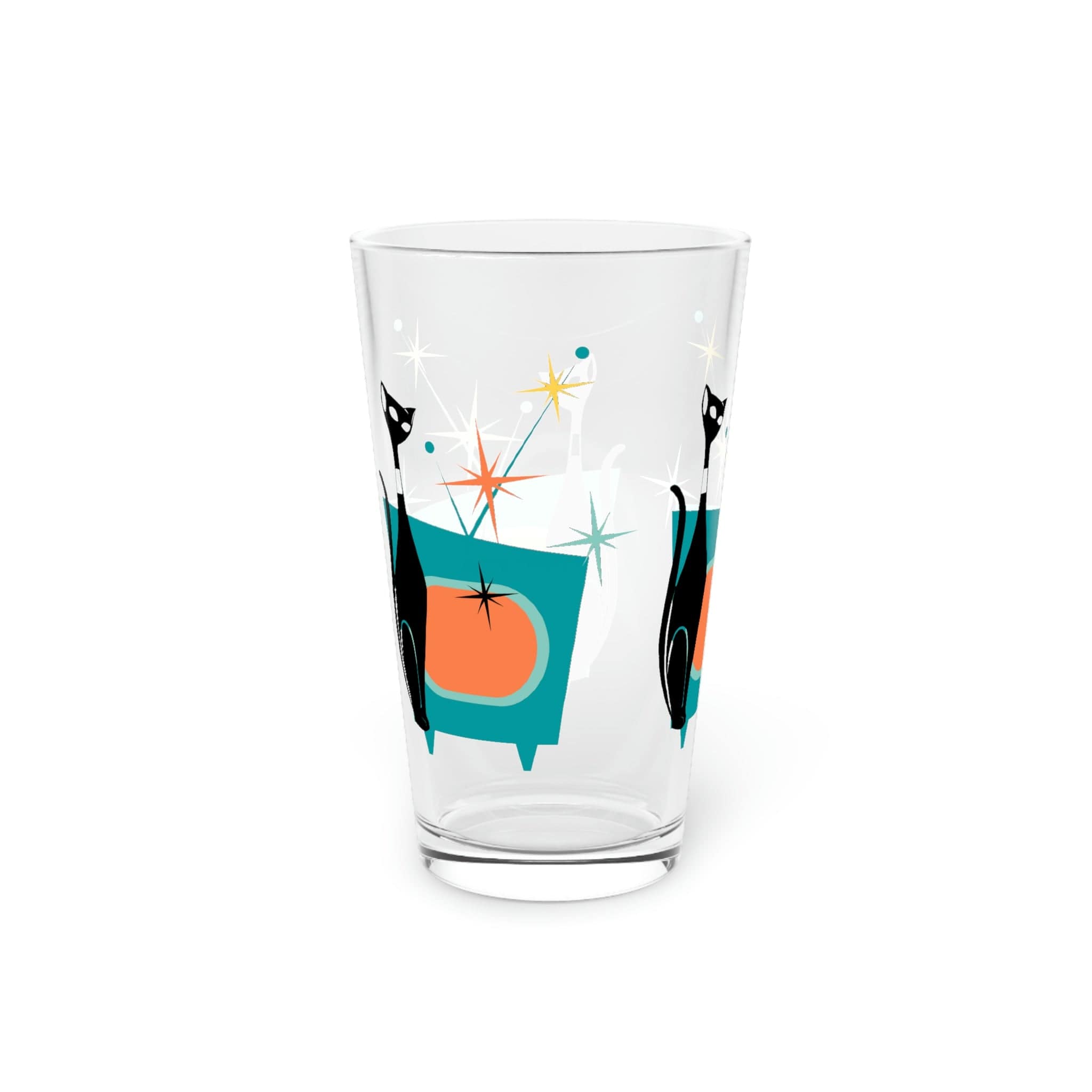 Atomic Cat, Kitschy Cat, Sputnik Starburst, Retro TV, Mid Century Modern, Cocktail, Mocktail, Beer, Water, Pint Glass Gift Mug 16oz