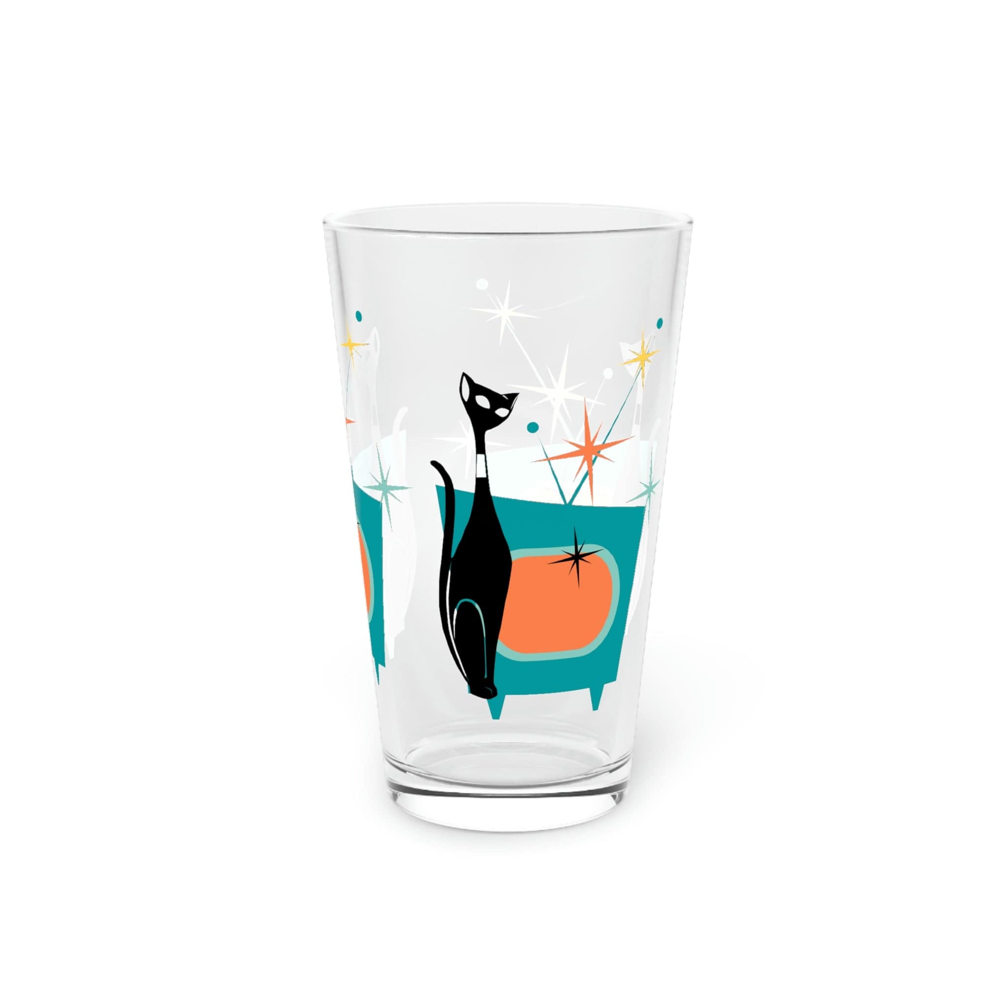 Atomic Cat, Kitschy Cat, Sputnik Starburst, Retro TV, Mid Century Modern, Cocktail, Mocktail, Beer, Water, Pint Glass Gift Mug 16oz