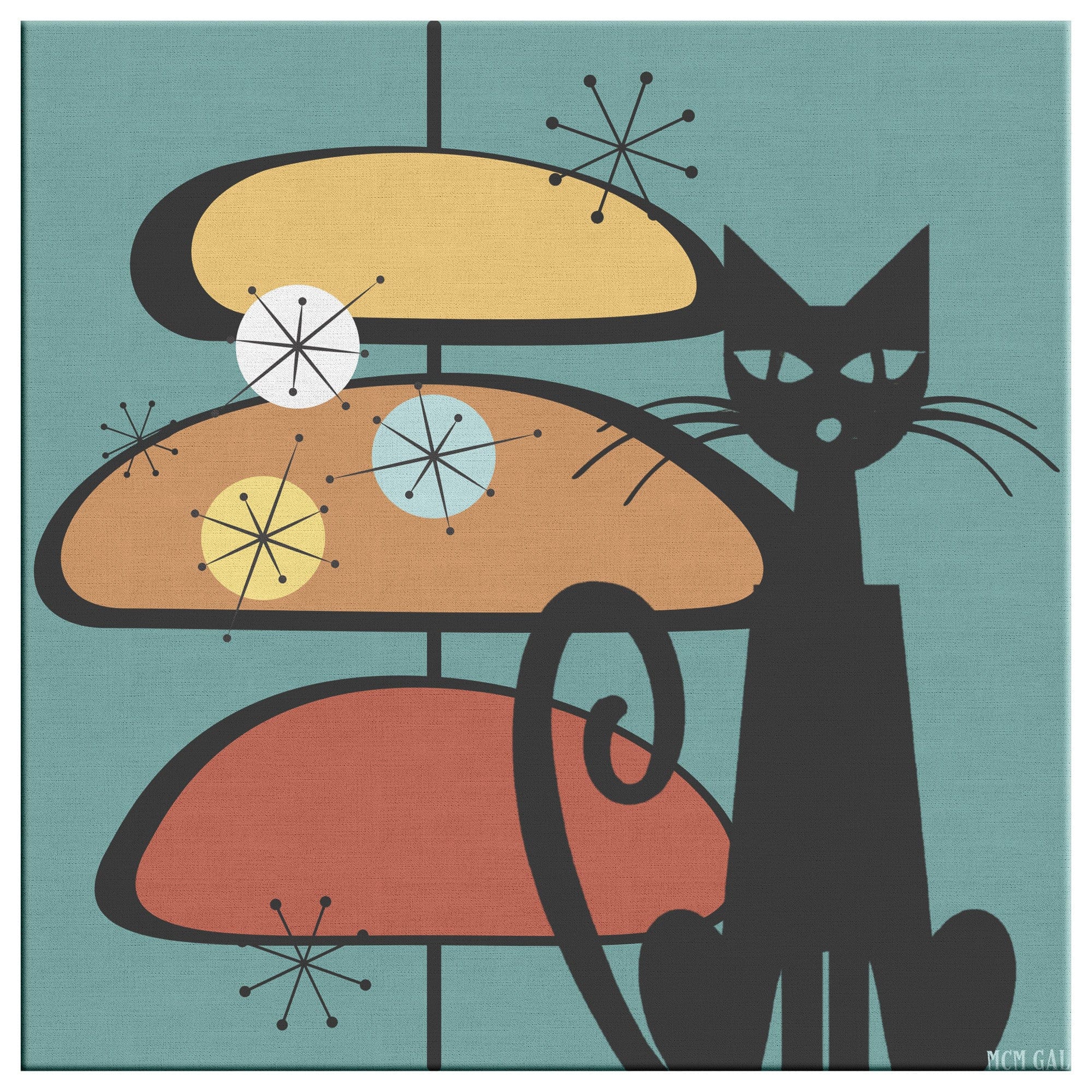Mid Century Wall Art, Atomic Cat, Teal, Starburst, Sputnik Retro Mod Decor Wall Art 16x16 / .75