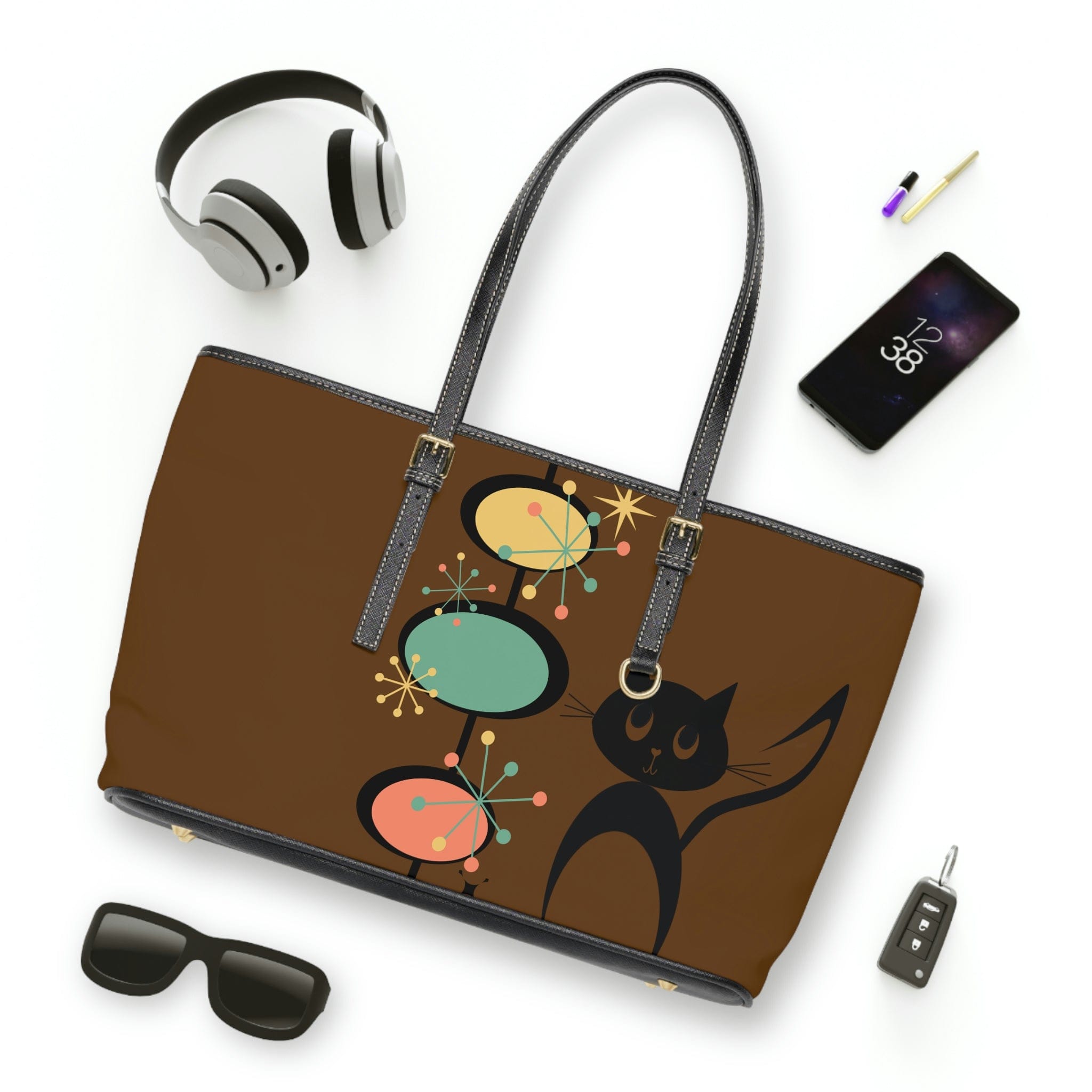 Atomic Cat, Chocolate Brown, Mid Century Modern Starburst Retro Leather Shoulder Bag Bags 17" x 11" / Black