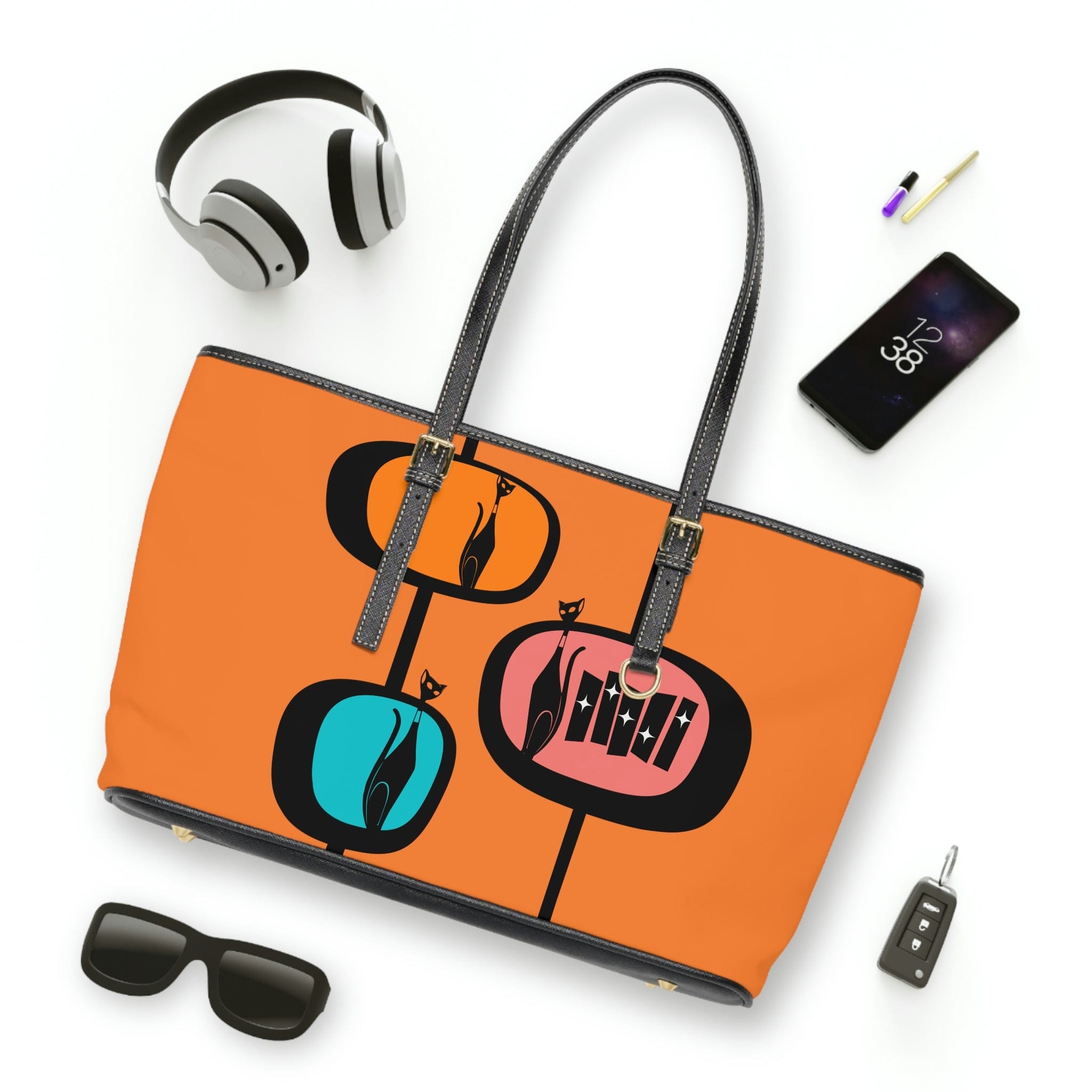 Atomic Cat, Retro Orange, Geometric, Mid Century Modern Style PU Leather Shoulder Bag Bags 17" x 11" / Black