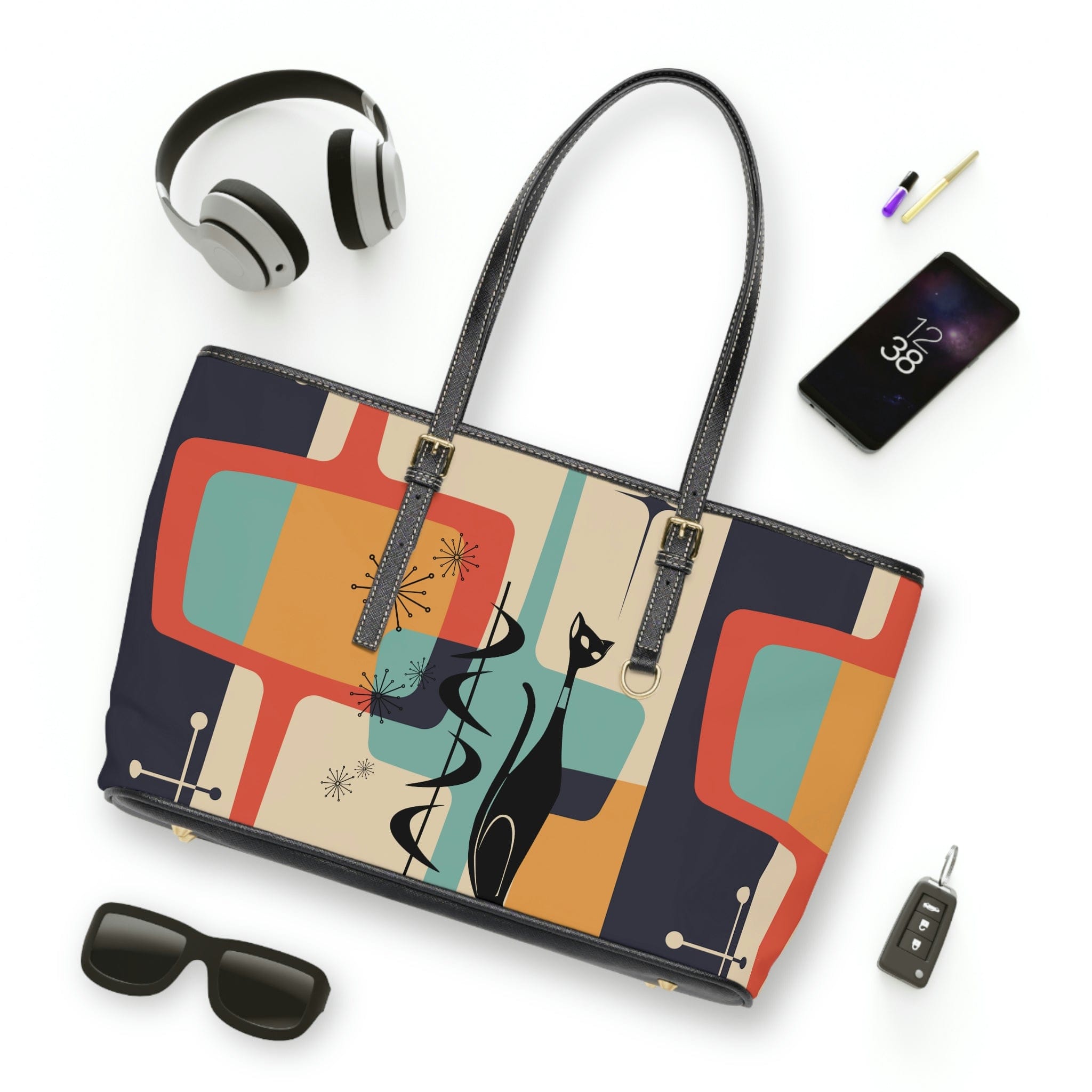 Mid Mod, Atomic Cat, Retro, Geometric Beige, Charcoal Gray, Yellow, Teal Blue,  PU Leather Shoulder Bag Bags 17" x 11" / Black