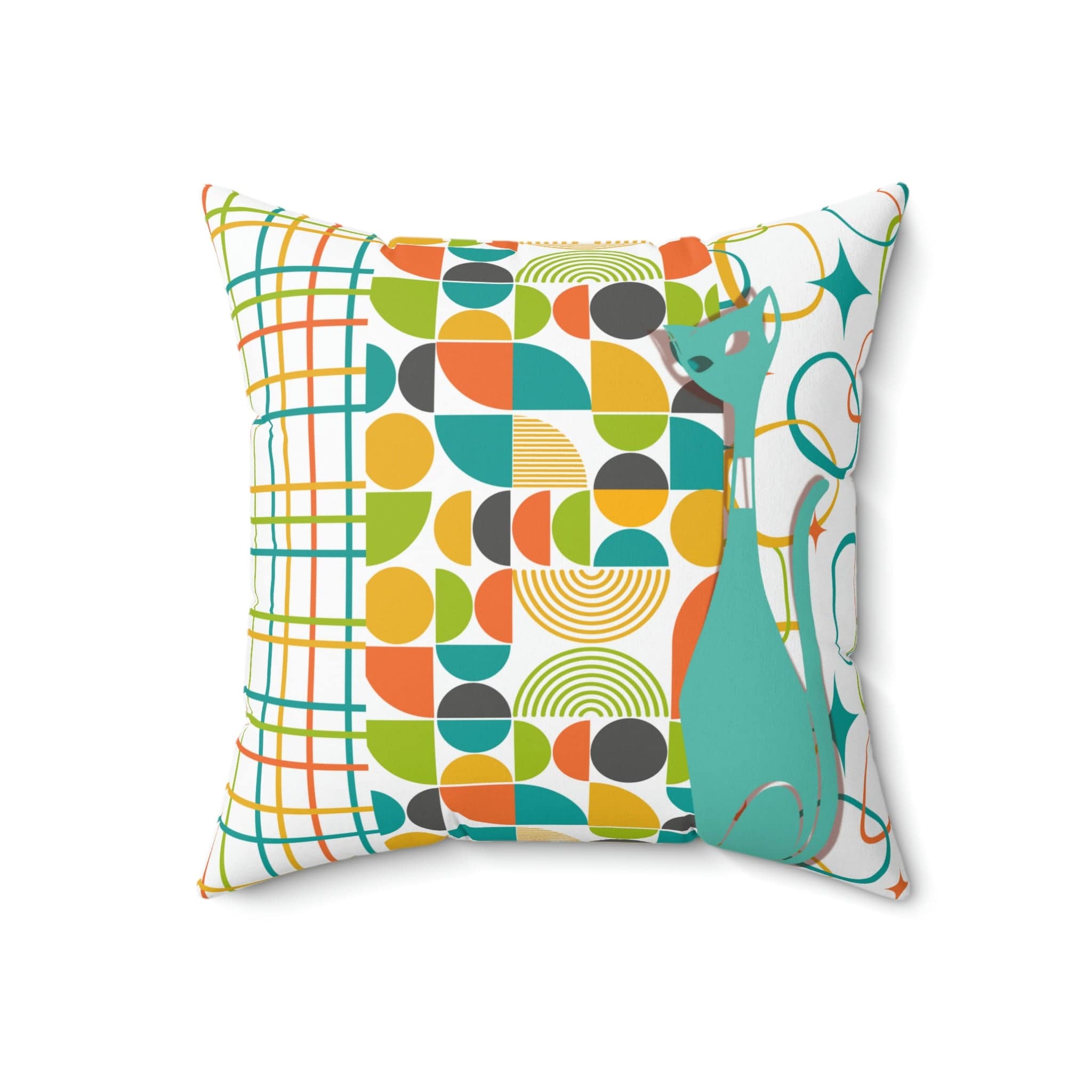 Atomic Cat Pillow, Mid Century Modern, White, Aqua, Orange, Yellow, FUN, Funky, Geometric, Retro Home Decor Pillow And Insert Home Decor 18" × 18"