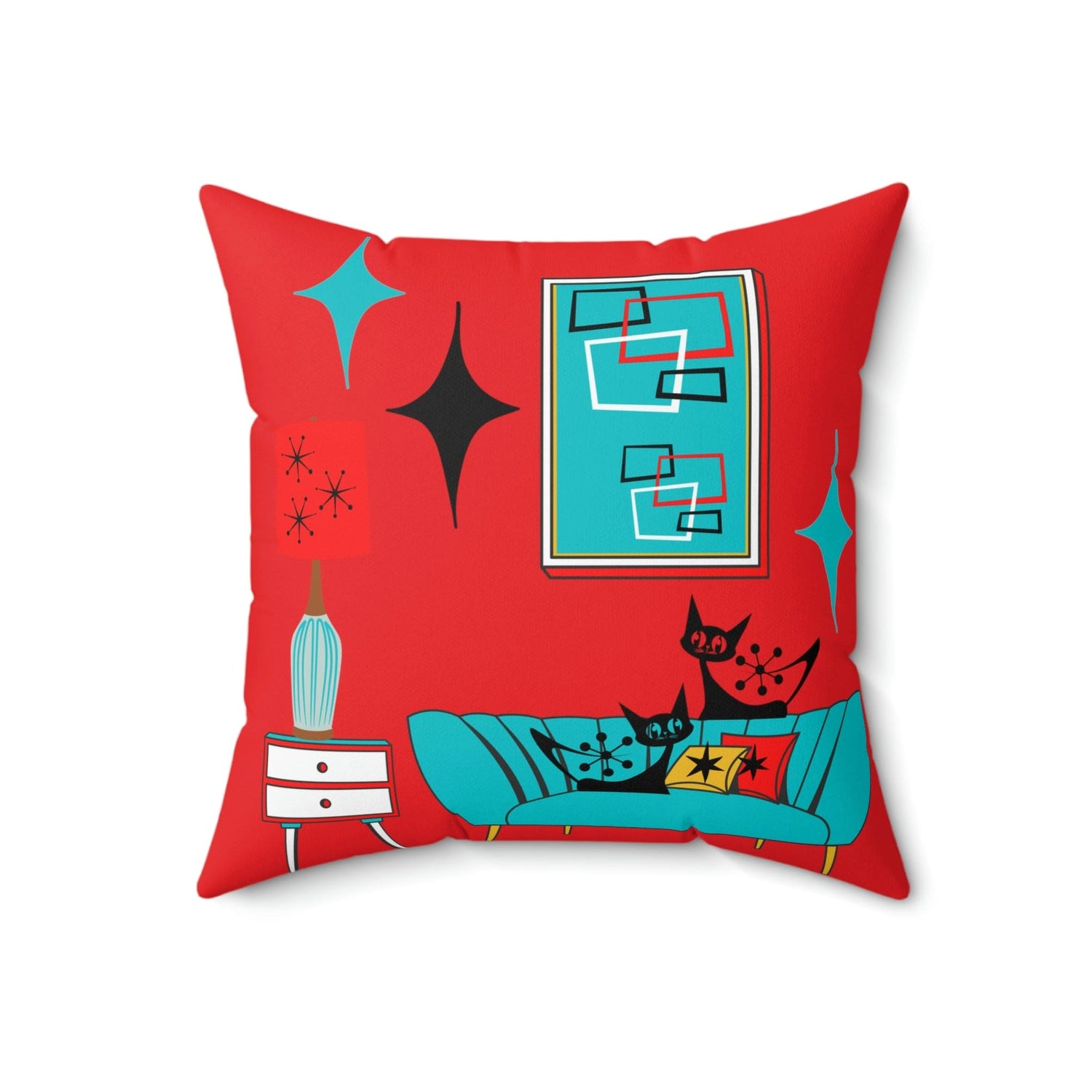 Atomic Cat, Sputnik Red, Aqua Blue, Mid Century Modern Pillow And Insert Home Decor 18" × 18"