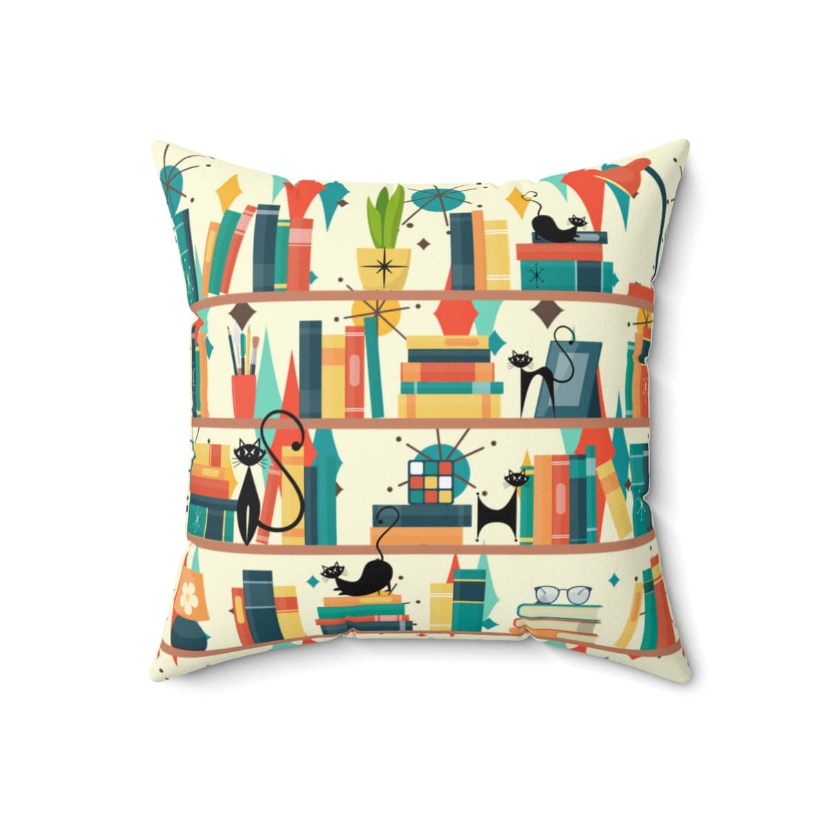 Atomic Cats, Book Lover Gifts, Mid Century Modern Pillow, Franciscan Starburst Pattern, Office, Den, Retro Pillows Home Decor 18" × 18"