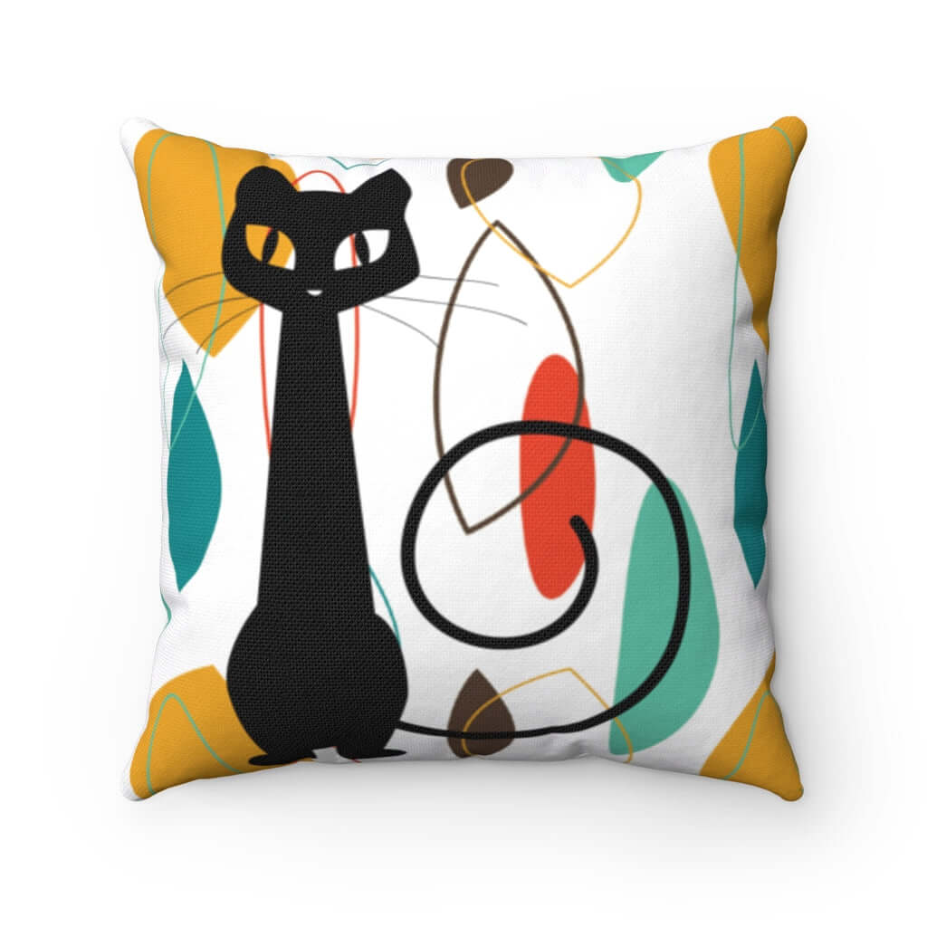 Mid Century Atomic Cat Retro Mustard Yellow Groovy Spun Polyester Square Pillow Home Decor 18" × 18"